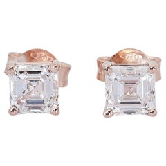 Dazzling 18k Rose Gold Earringgs 1.8 Carat Asscher Cut Diamond Earrings
