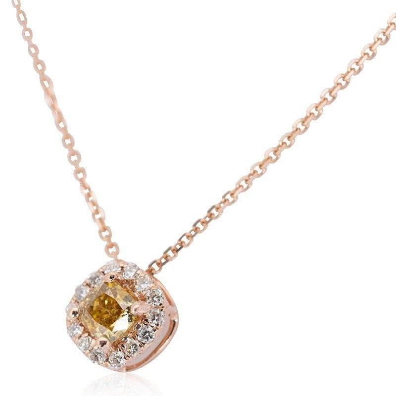 A beautiful Necklace with a dazzling 0.14 carat Cushion natural diamond. It has 0.06 carat of side diamonds which add more to its elegance. The jewelry is made of 18K Rose Gold with a high-quality polish. It comes with an AIG certificate and a fancy