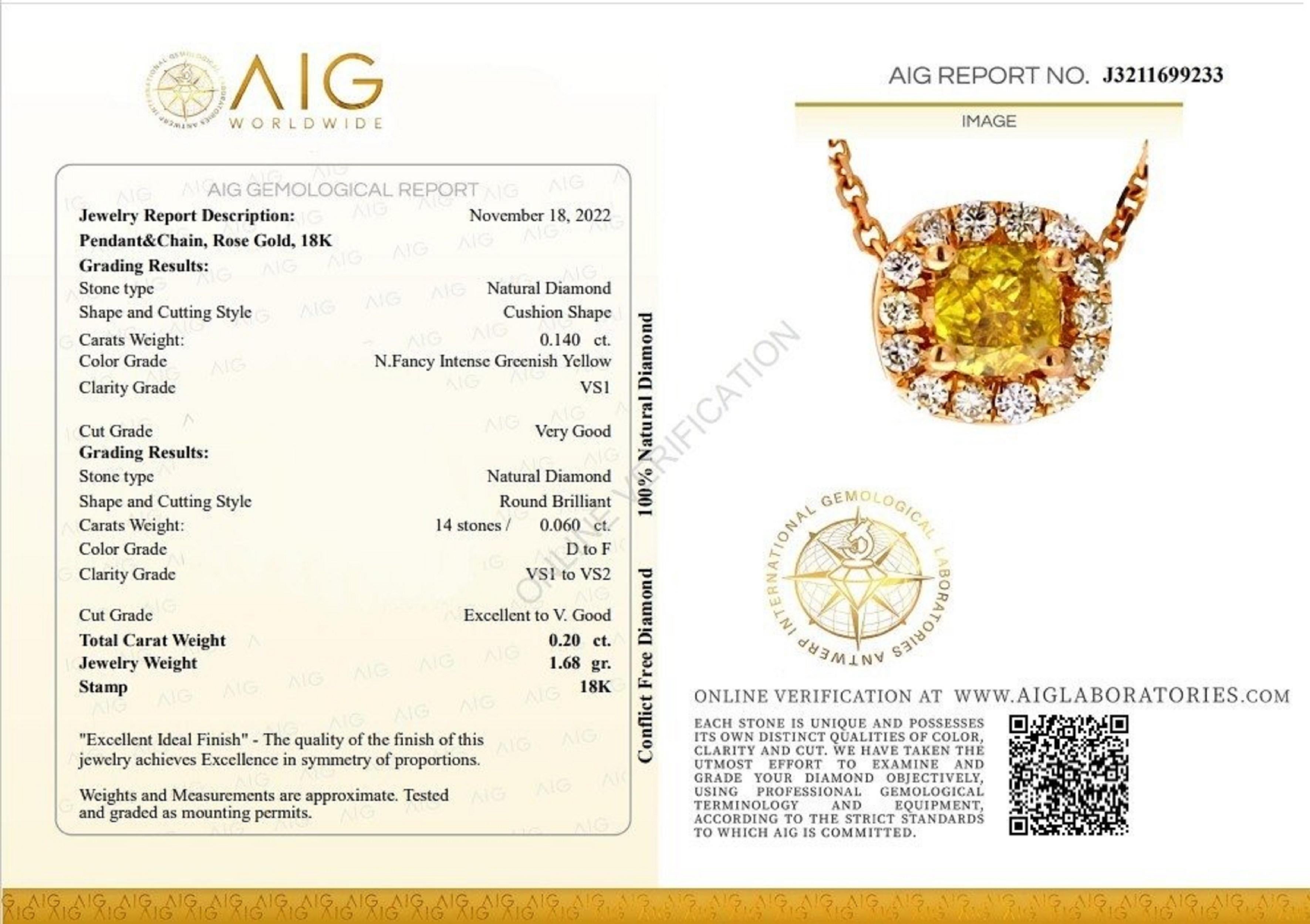 Cushion Cut Dazzling 18k Rose gold Halo Fancy Necklace w/ 0.20 ct  Natural Diamond AIG Cert For Sale