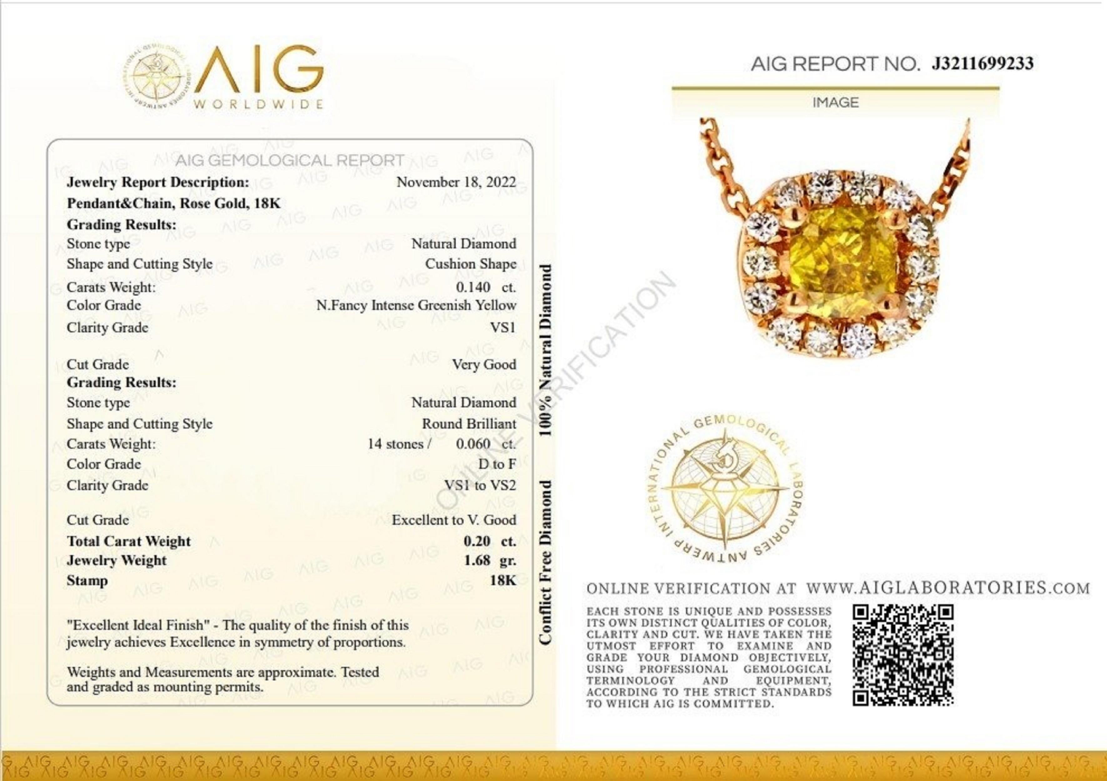 Taille coussin Eblouissant collier fantaisie Halo en or rose 18k avec 0,20 ct.  AIG Certificat de diamant naturel en vente