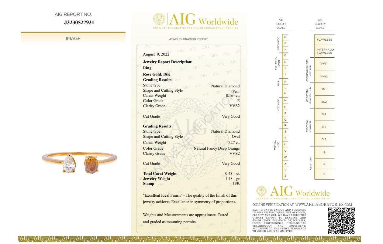 Pear Cut Dazzling 18k Rose Gold Open Ring w/ 0.43ct Natural Diamonds AIG Certificate