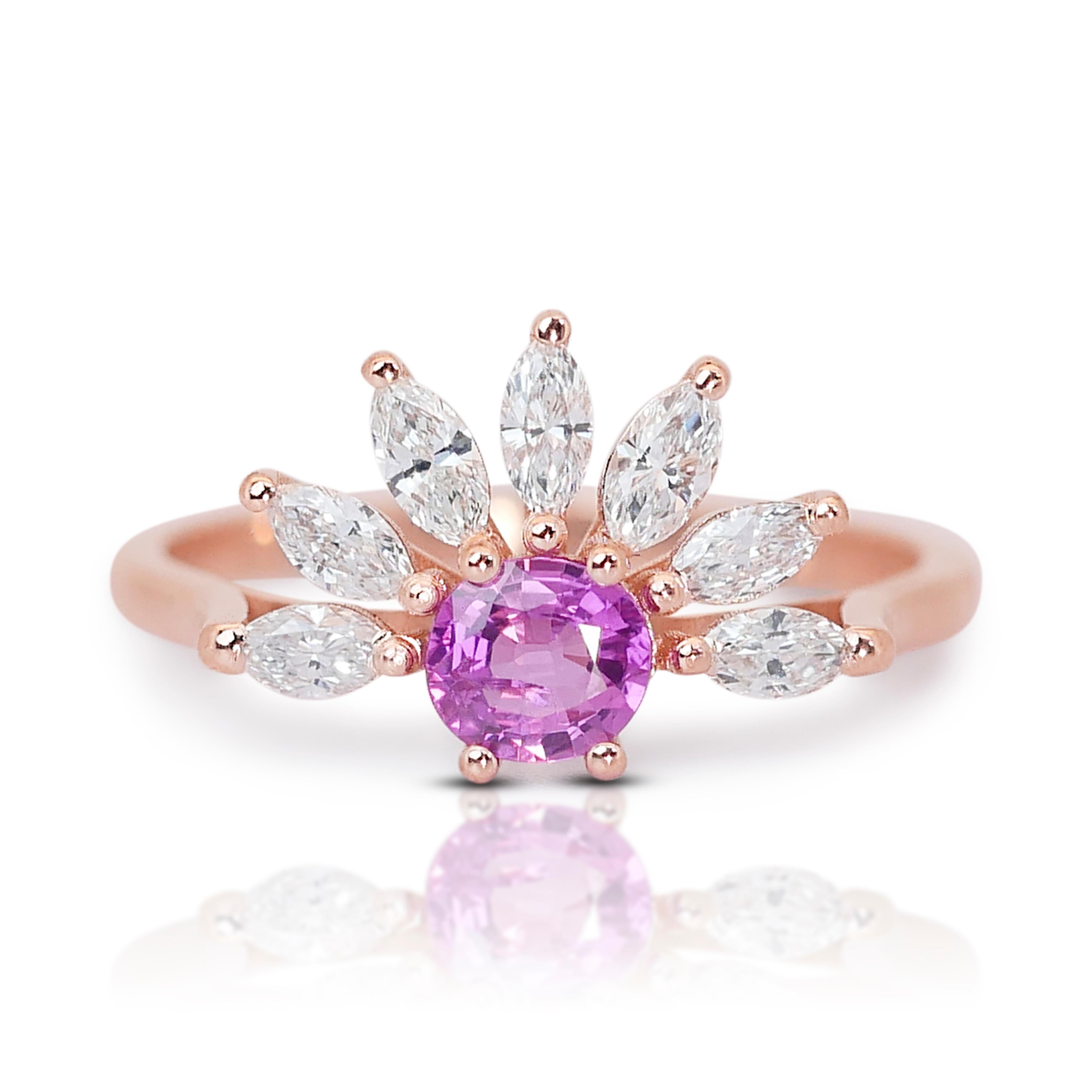 Dazzling 18K Rose Gold Sapphire and Natural Diamond Ring w/1.13ct 

Presenting our enchanting Pink Sapphire and Diamond Ring, a dazzling embodiment of sophistication and charm. At the heart of this captivating ring shines a Pink Sapphire main stone,