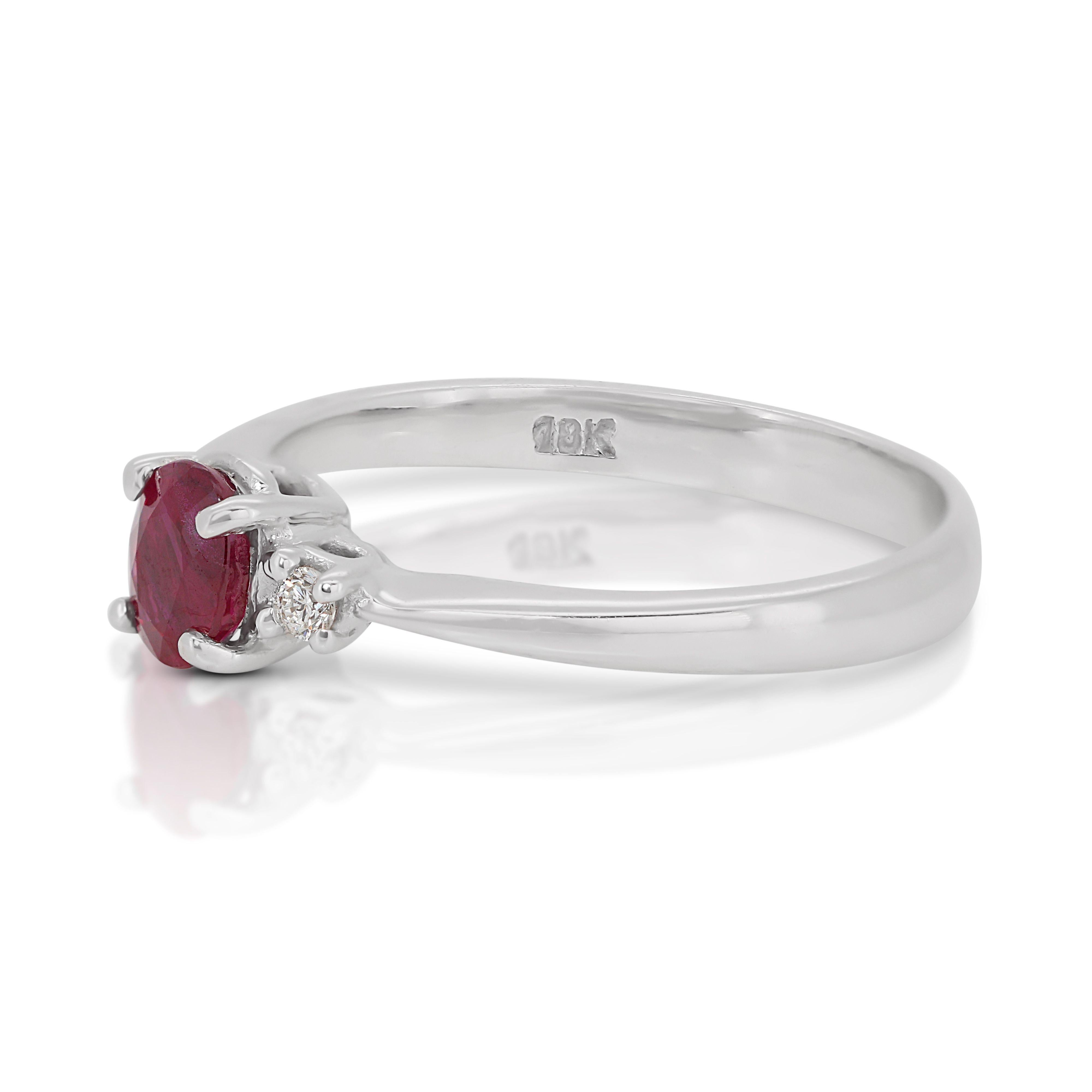 Oval Cut Dazzling 18k White Gold 3 Stone Ring 0.34ct Natural Ruby and Diamonds NGI Cert For Sale