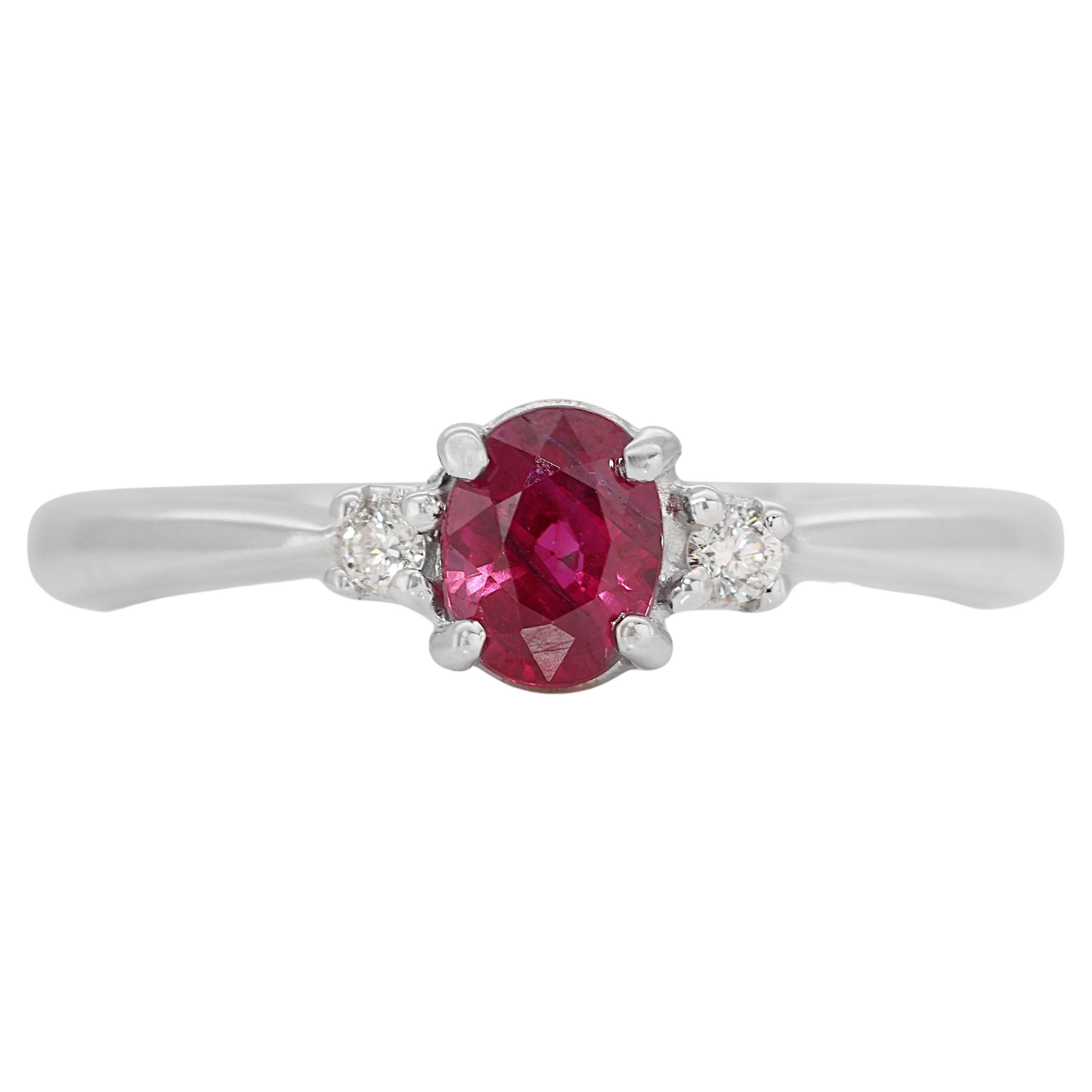 Dazzling 18k White Gold 3 Stone Ring 0.34ct Natural Ruby and Diamonds NGI Cert For Sale