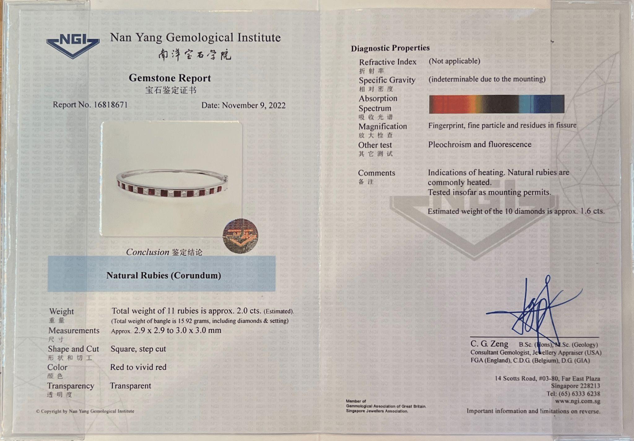 Dazzling 18k White Gold Bangle w/ 4ct Natural Rubies and Diamonds NGI Cert For Sale 4