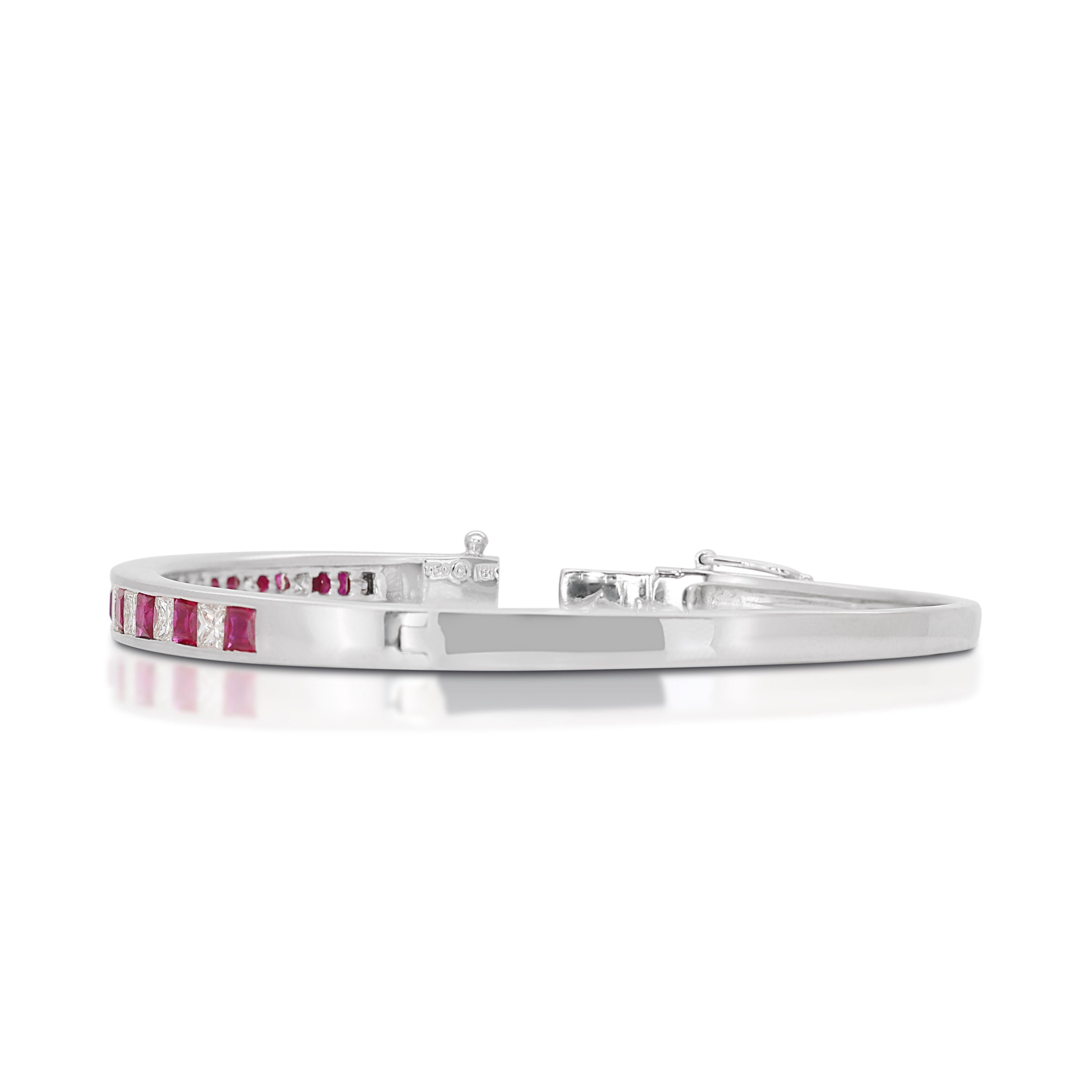 Dazzling 18k White Gold Bangle w/ 4ct Natural Rubies and Diamonds NGI Cert For Sale 1