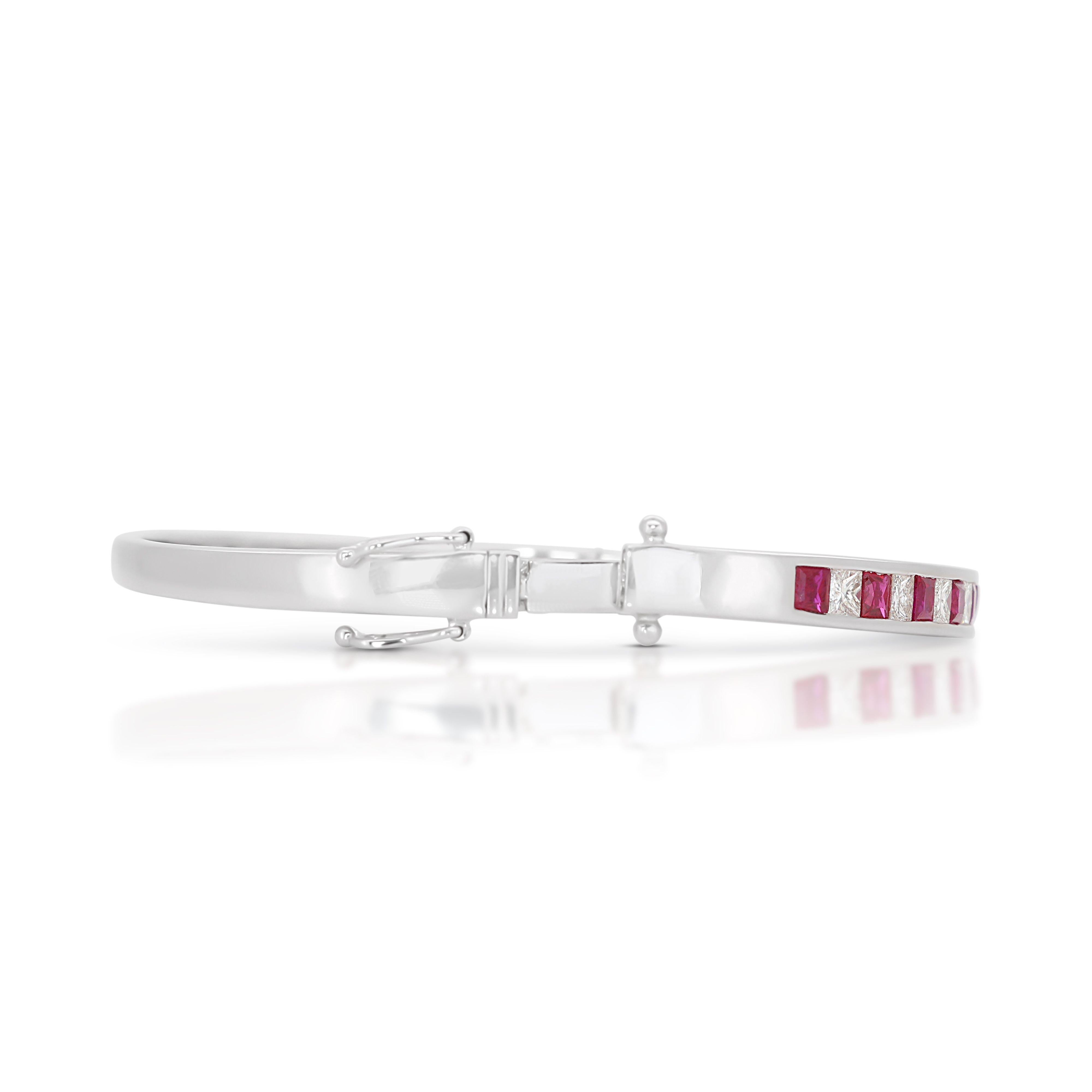 Dazzling 18k White Gold Bangle w/ 4ct Natural Rubies and Diamonds NGI Cert For Sale 3