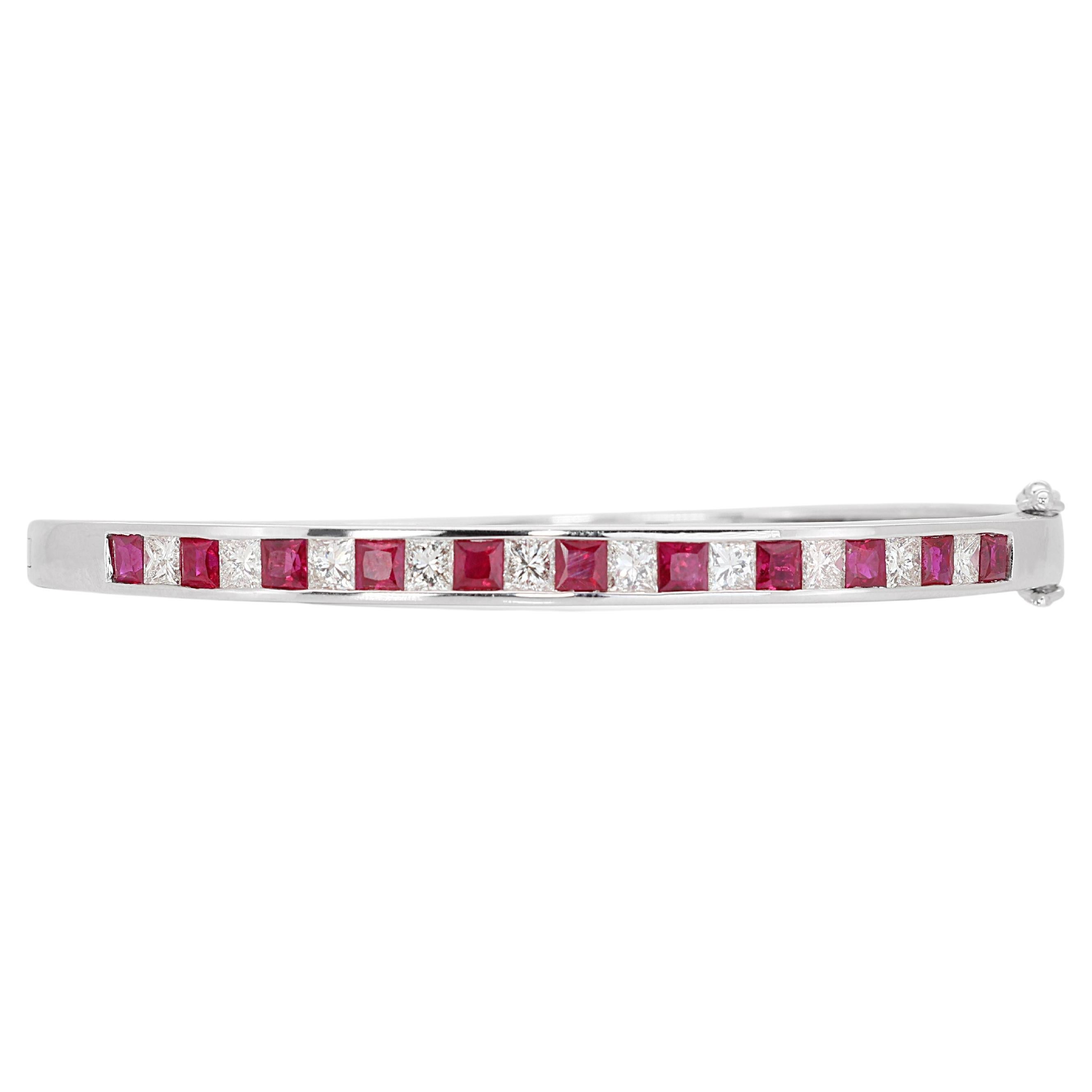 Dazzling 18k White Gold Bangle w/ 4ct Natural Rubies and Diamonds NGI Cert For Sale