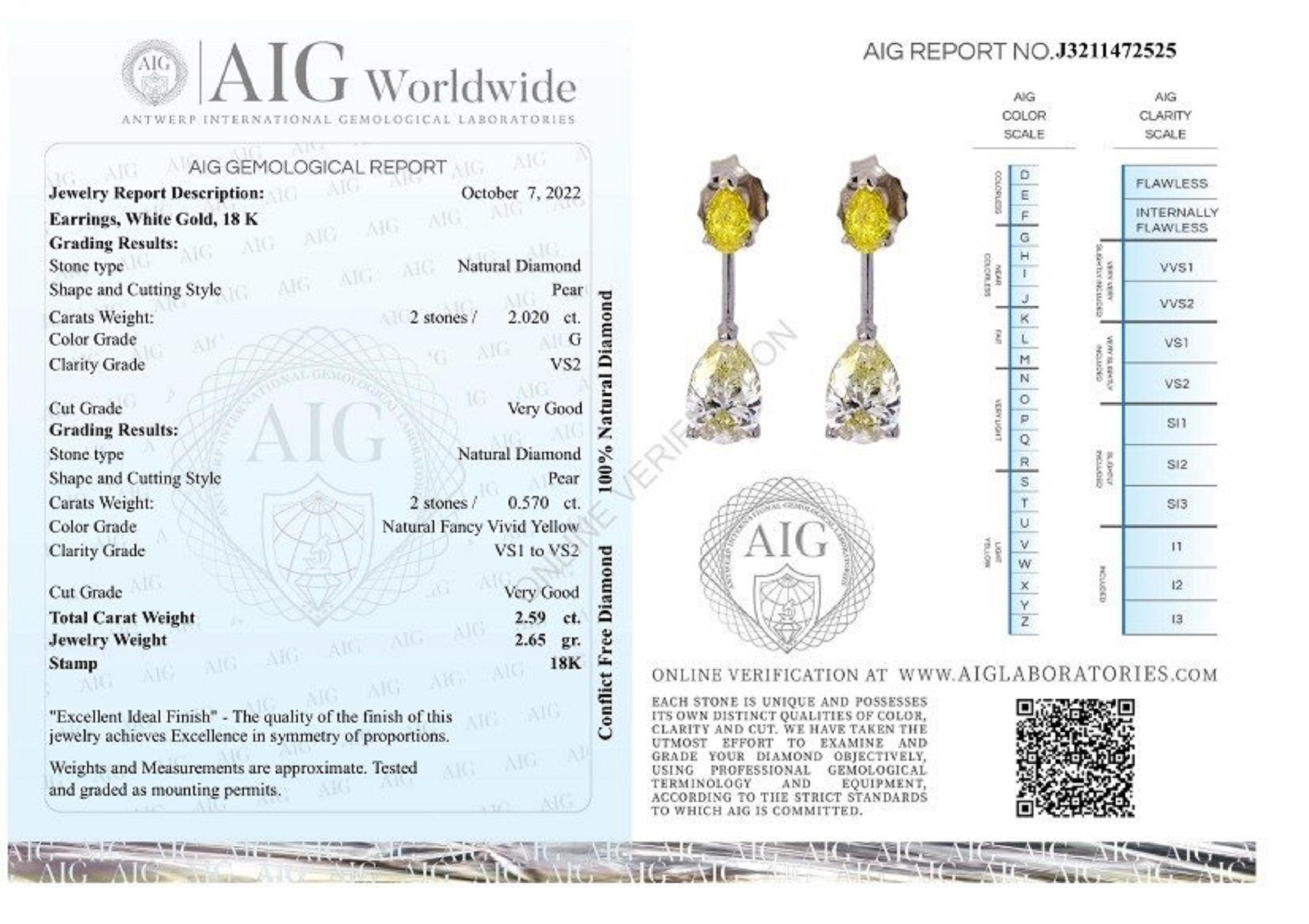 Pear Cut Dazzling 18k White Gold Earring 2.59 Ct. Natural Diamonds AIG Certificate For Sale