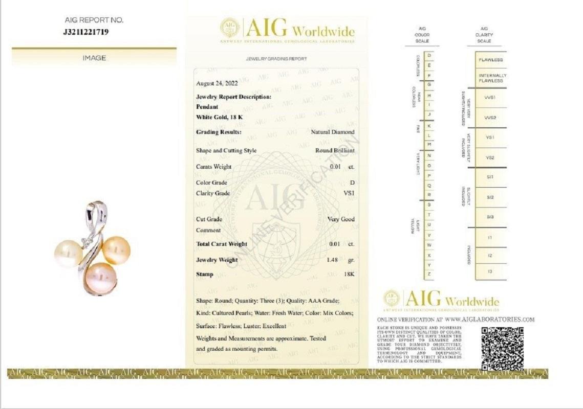 Round Cut Dazzling 18k White Gold Necklace w/ .01ct Natural Pearl  and Diamond AIG Cert For Sale