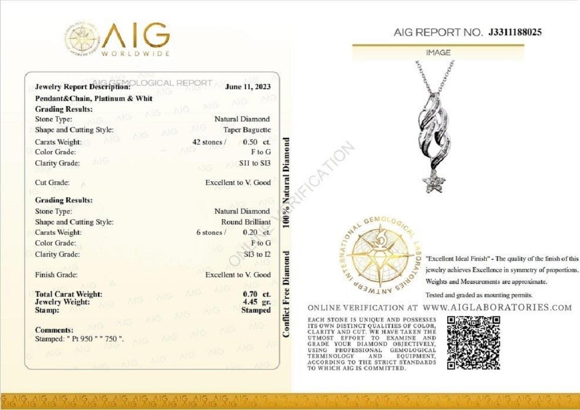 A stylish drop pendant necklace with a dazzling 0.5-carat tapered baguette of natural diamonds. It has 0.2 carats of side diamonds which add more to its elegance. The jewelry is made of 18K White Gold with a high-quality polish. It comes with an AIG