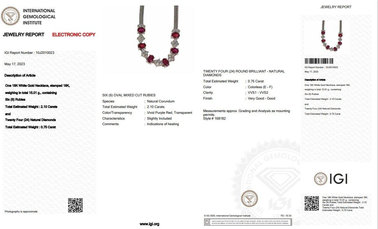A sophisticated necklace with dazzling 2.1-carat oval mixed-cut natural rubies. It has 0.75 carats of side diamonds which add more to its elegance. The jewelry is made of 18K White Gold with a high-quality polish. It comes with an IGI certificate
