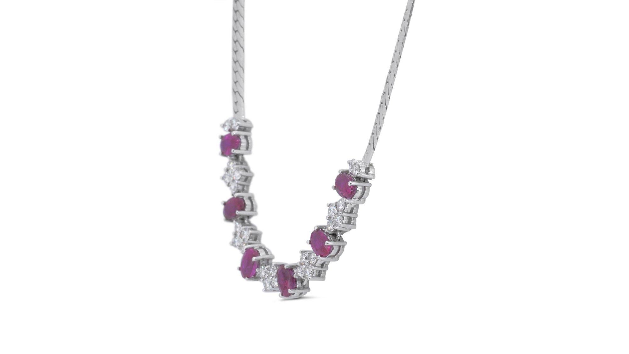 Mixed Cut Dazzling 18k White Gold Necklace w/ 2.85ct Rubies and Natural Diamonds IGI Cert