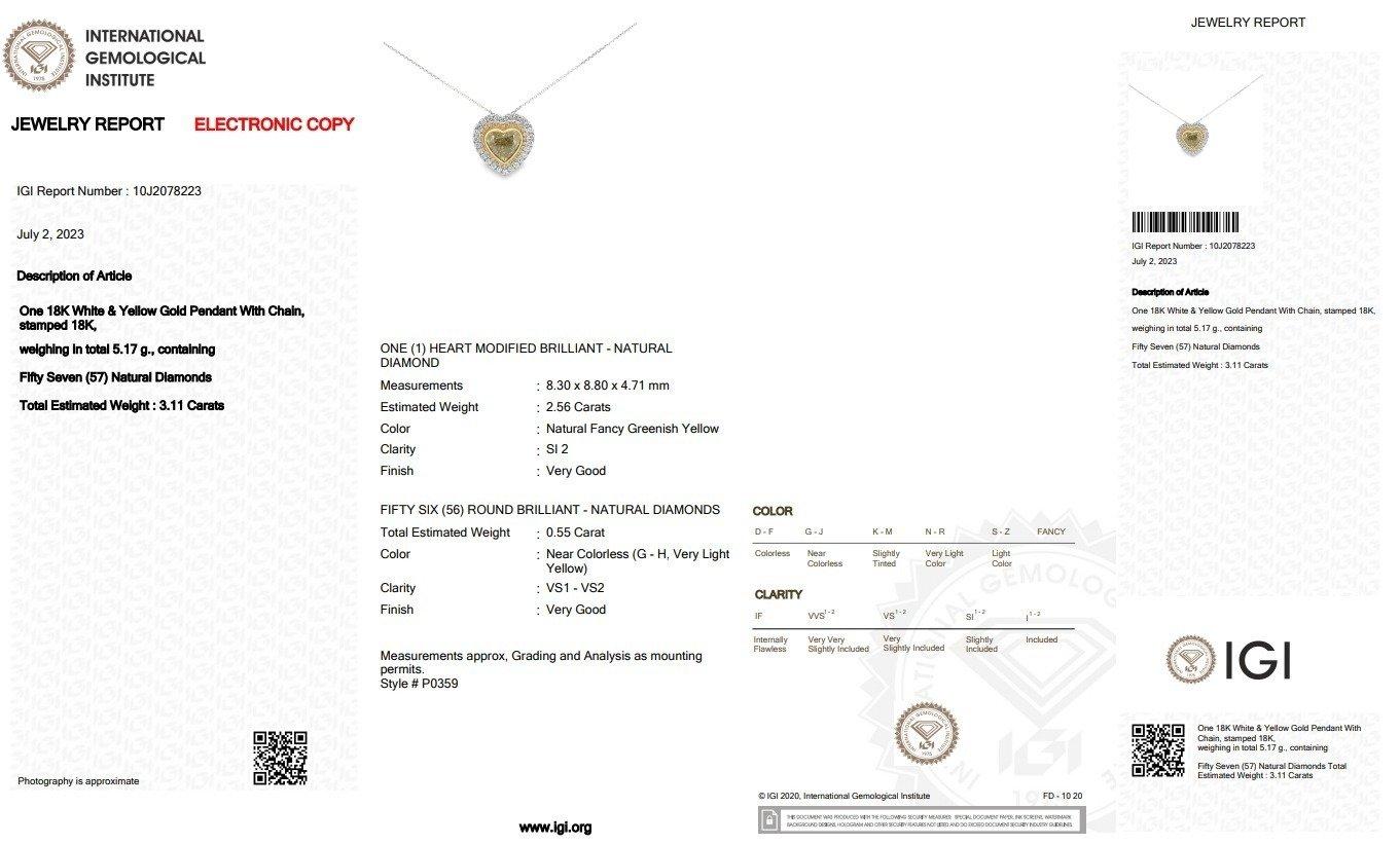 Collana di diamanti naturali fantasia giallo-verde con cuore modificato a brillante da 2,56 carati e diamanti laterali da 0,55 carati in oro bianco 18 carati

Questa splendida collana presenta uno splendido diamante naturale brillante modificato a