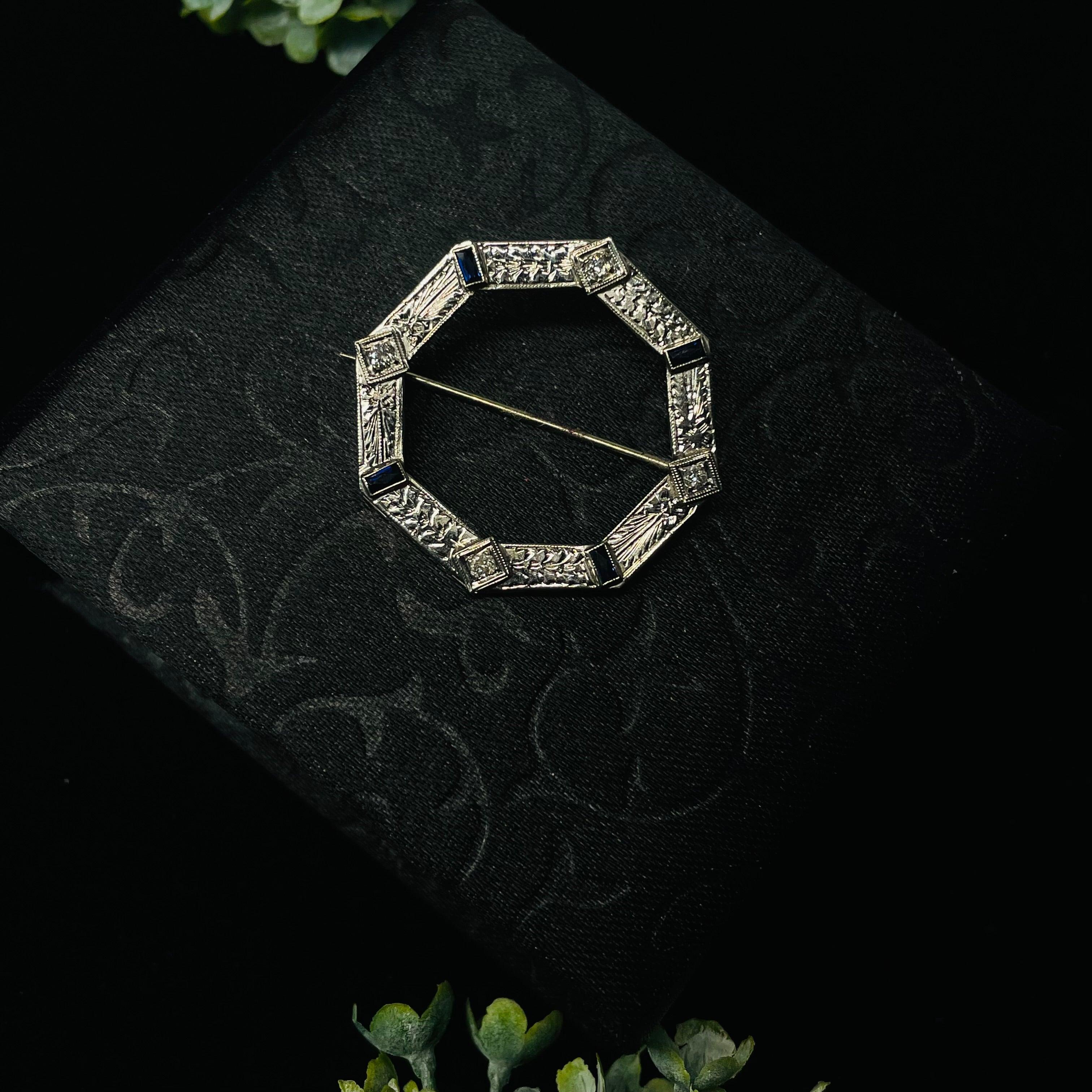 Dazzling 18K White Gold Octagonal Diamond and Sapphire Pin, 0.04CTW For ...