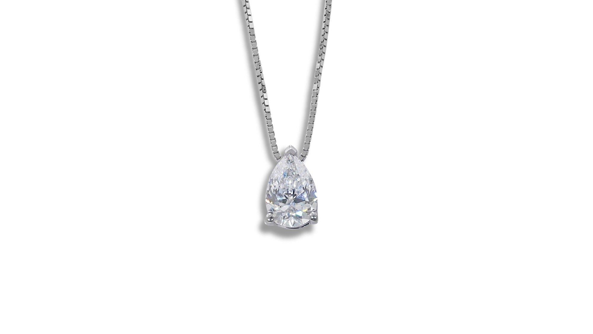 Pear Cut Dazzling 18k White Gold Pendant Necklace with a 0.90 carat brilliant diamond For Sale