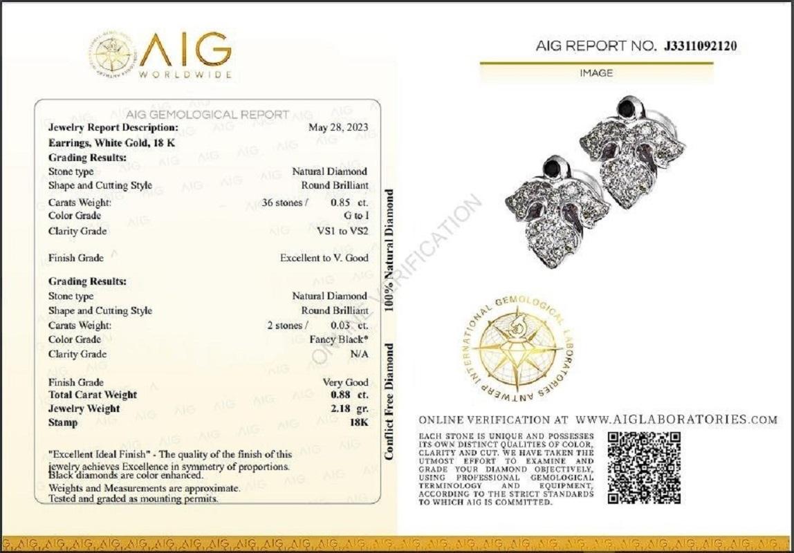 A stylish pair of earrings with a dazzling 0.85 carat round brilliant natural diamond. It has 0.03 carat of side diamonds which add more to its elegance. The jewelry is made of 18K White Gold with a high quality polish. It comes with AIG certificate