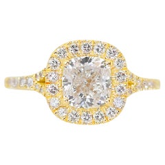 Éblouissante bague en or jaune 18 carats avec halo de diamants (1,85 ct) certifiée IGI