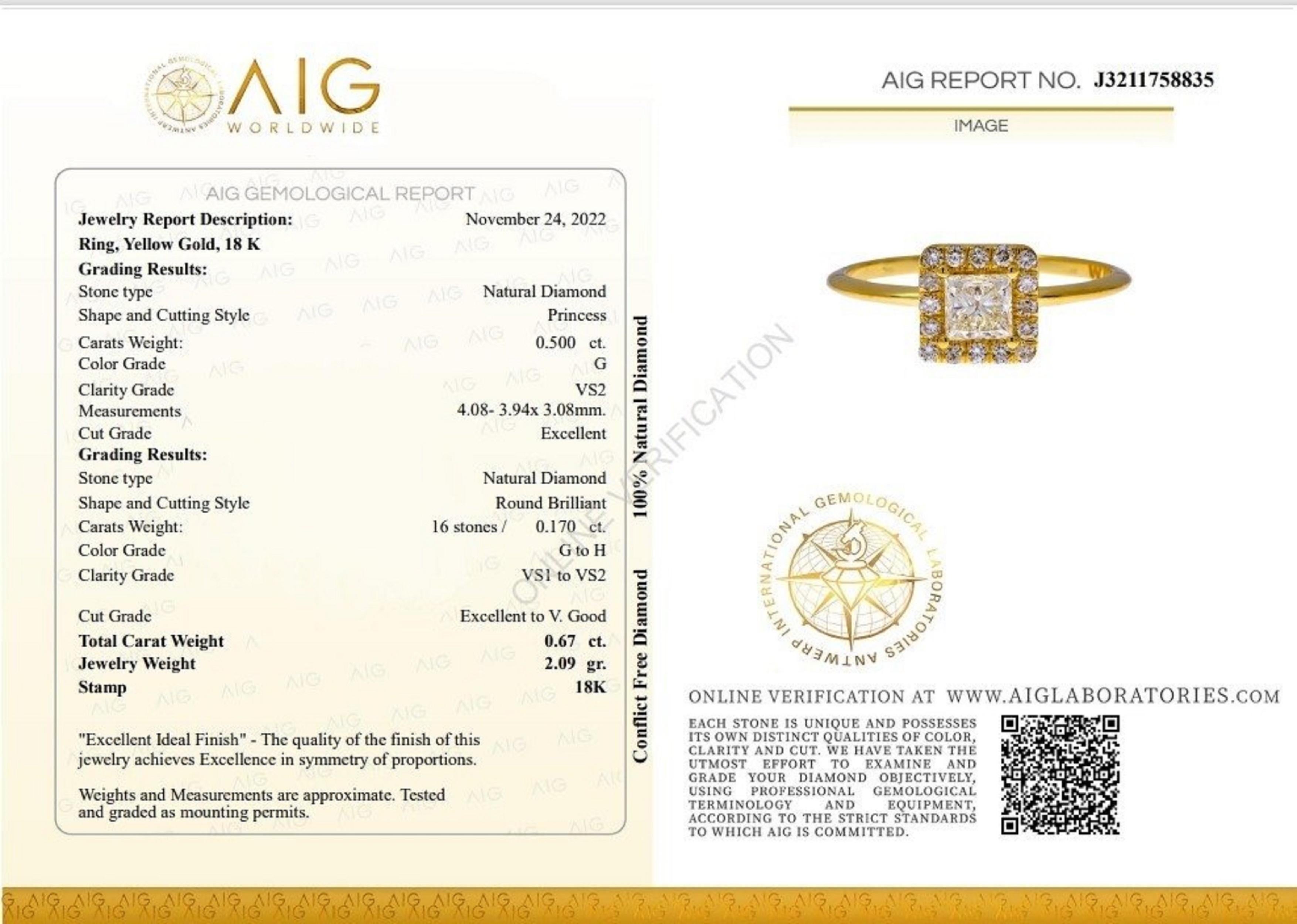 Princess Cut Dazzling 18k Yellow gold Halo Princess Ring w/ 0.67 ct natural diamonds AIG Cert For Sale