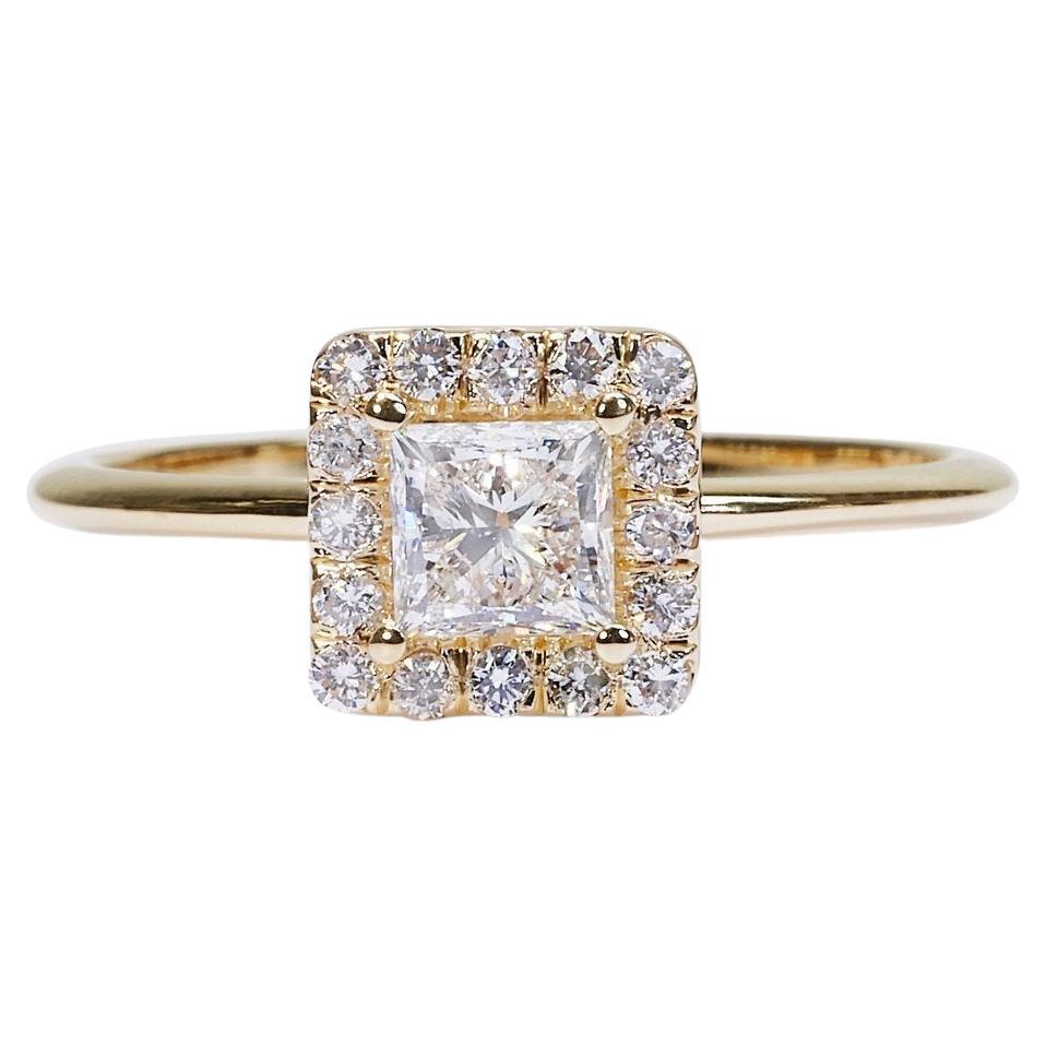 Éblouissante bague princesse en or jaune 18 carats avec halo de diamants naturels de 0,67 carat certifiés AIG