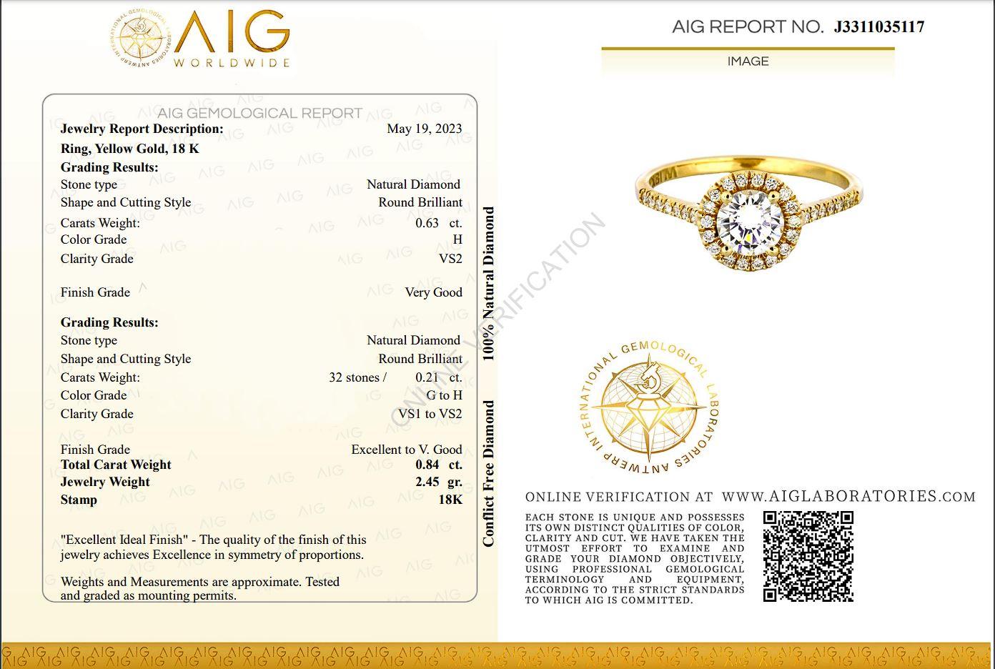 A glamorous halo pave ring with a dazzling 0.63 carat round brilliant natural diamond. It has 0.21 carat of side diamonds which add more to its elegance. The jewelry is made of 18K Yellow Gold with a high quality polish. It comes with AIG