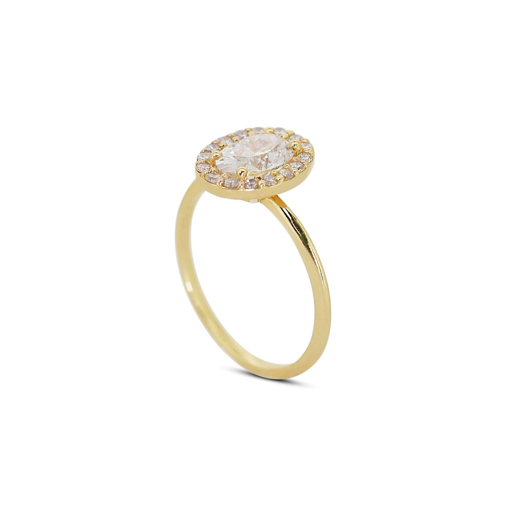 Oval Cut Dazzling 18k Yellow Gold Natural Diamond Halo Ring w/1.23 ct - GIA Certified For Sale