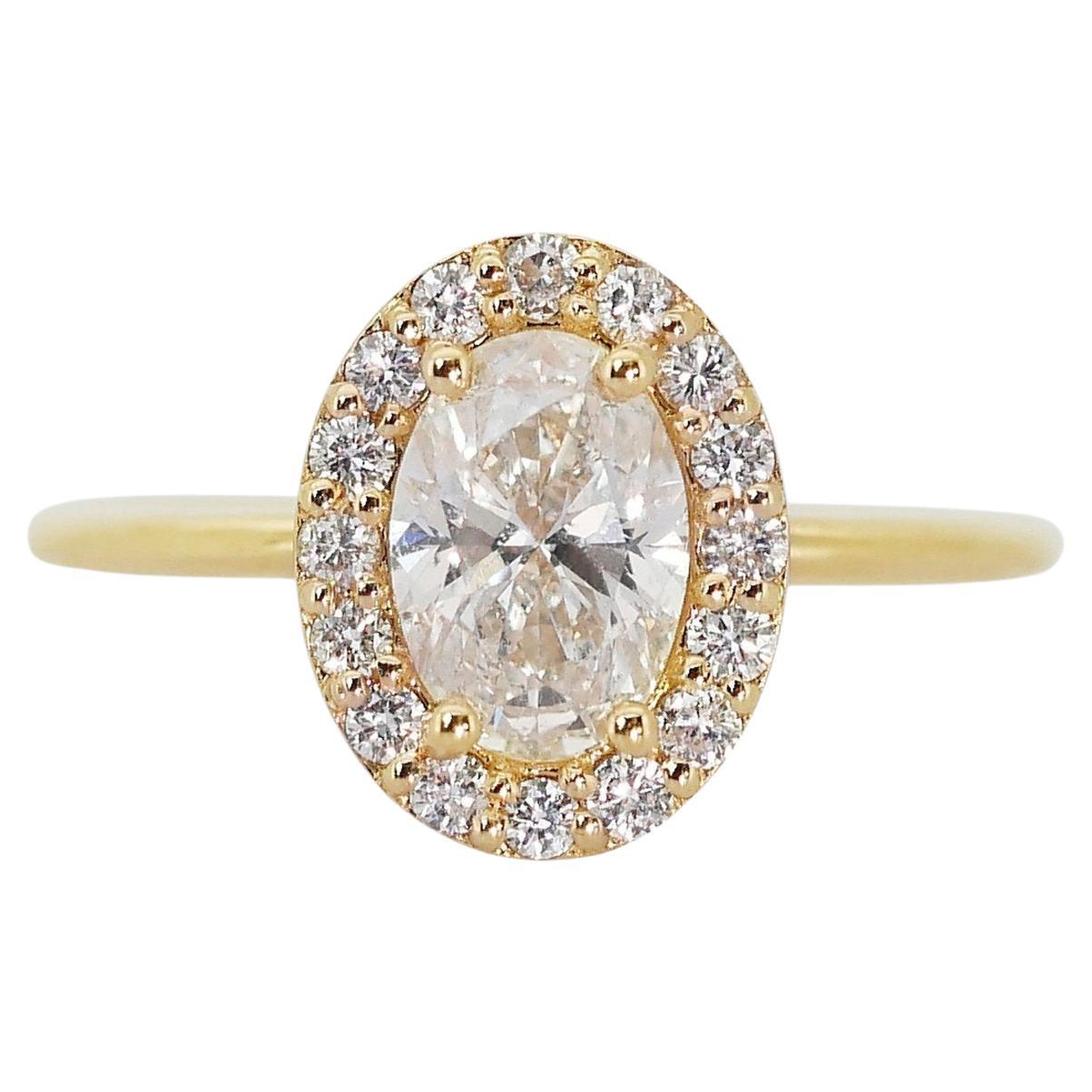 Schillernder Halo-Ring aus 18 Karat Gelbgold mit natürlichem Diamanten mit/1,23 Karat - GIA zertifiziert