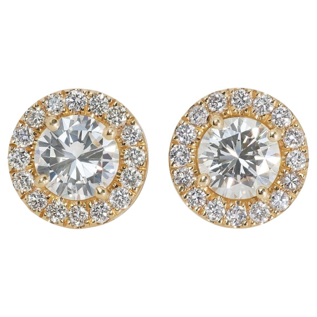 Dazzling 18k Yellow Gold Natural Diamond Halo Stud Earrings w/2.65 ct - GIA 