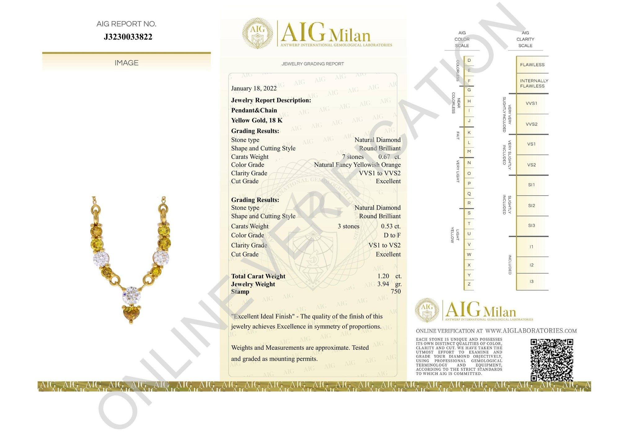 necklace in 18 k yellow gold with White and natural fancy colors diamonds  

-7 diamond main stones of 0.0957 ct. each, total: 0.67 ct.
cut: round brilliant
color: natural fancy yellowish orange
clarity: VVS1-VVS2
cut grade: EX

-3 diamond side