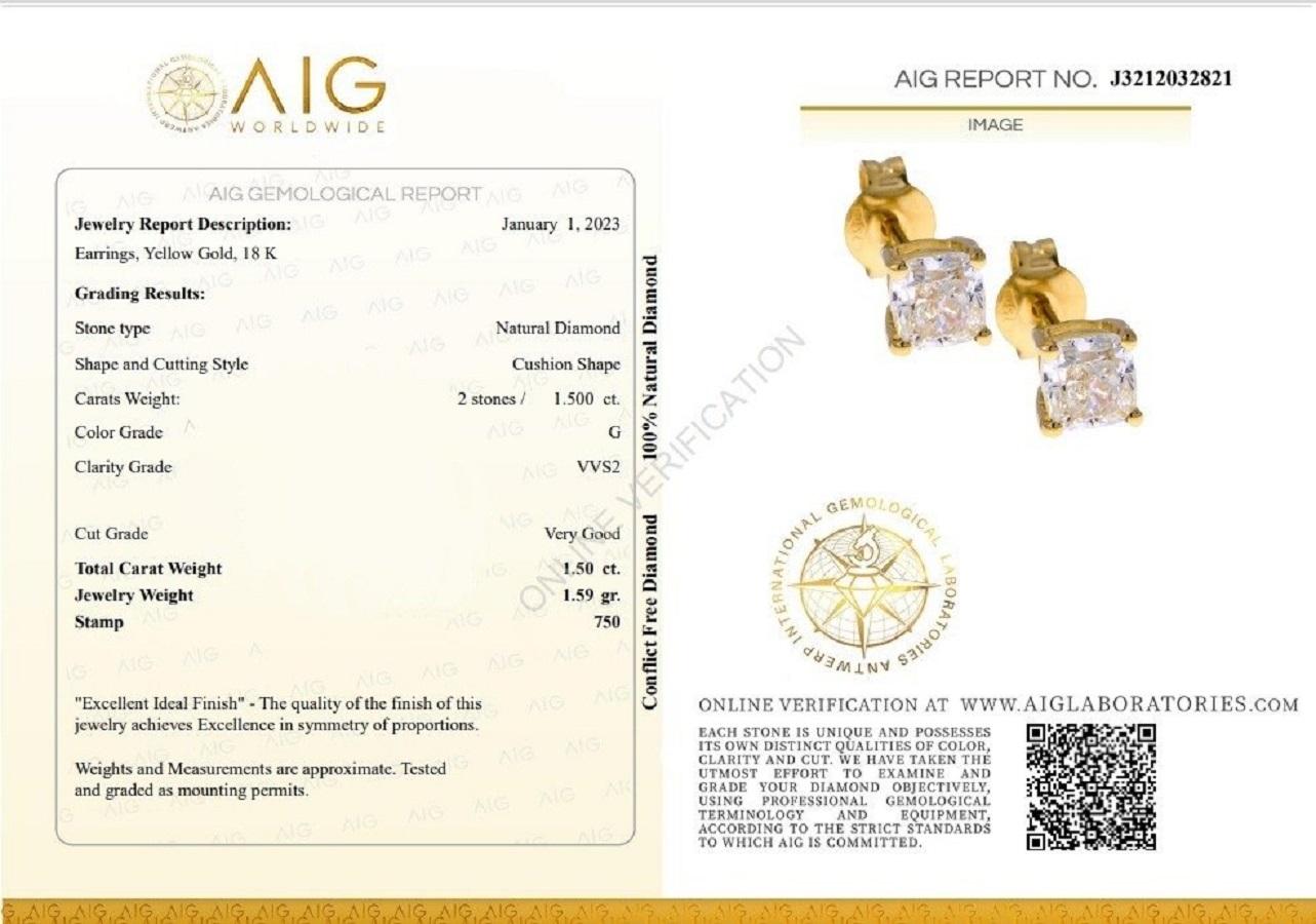 Cushion Cut Dazzling 18k Yellow Gold Stud Earrings 1.50ct Natural Diamonds AIG Certificate