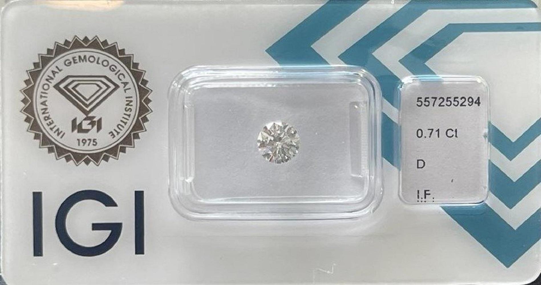 Women's or Men's Dazzling 1pc Flawless Natural Diamond with 0.71 ct Round D IF IGI Certificate