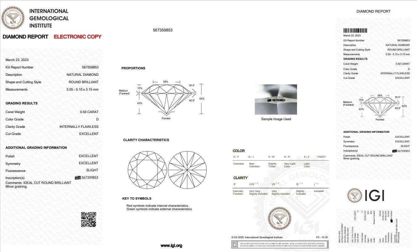 Round Cut Dazzling 1 Pc Natural Diamond with 0.50 Carat Round, D IF IGI Certificate For Sale