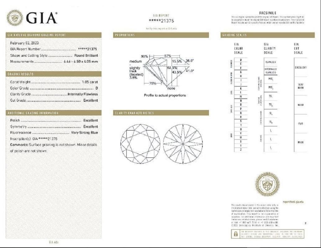 One dazzling round brilliant cut natural diamond in a 1.05 carat D IF 3EX cut, polish, and symmetry. This diamond comes with GIA Certificate and laser inscription number.

SKU/GIA Number: 7451721375

If you have any questions, please don't hesitate