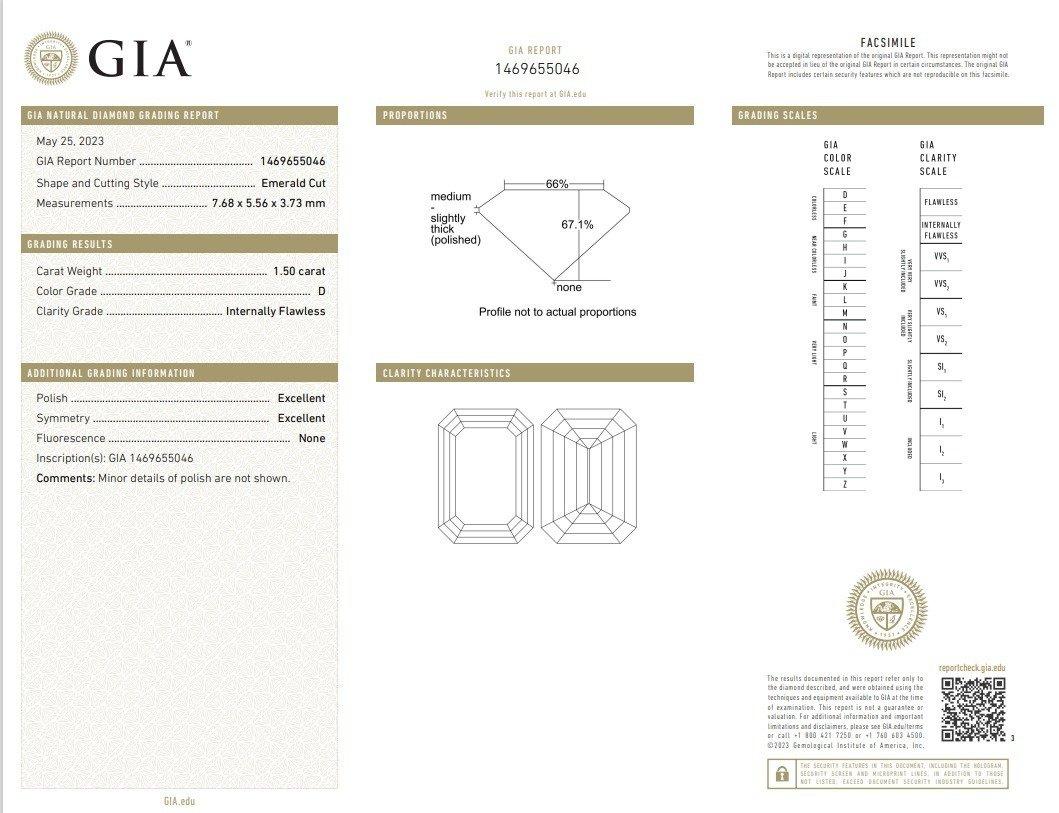 Un diamant naturel étincelant de taille émeraude de 1,5 carat D IF présentant un excellent poli et une très bonne symétrie. Ce diamant est accompagné d'un certificat GIA et d'un numéro d'inscription au laser.

Numéro SKU/GIA : 1469655046

Si vous