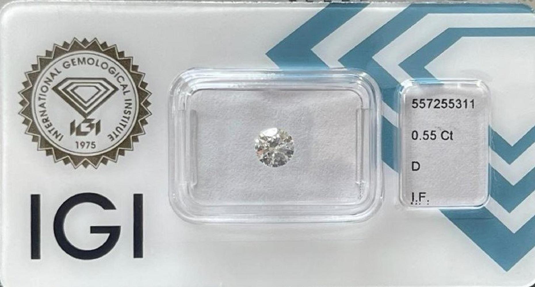 Dazzling 1pc Natural Diamond with 0.55 ct Round D IF IGI Certificate In New Condition For Sale In רמת גן, IL