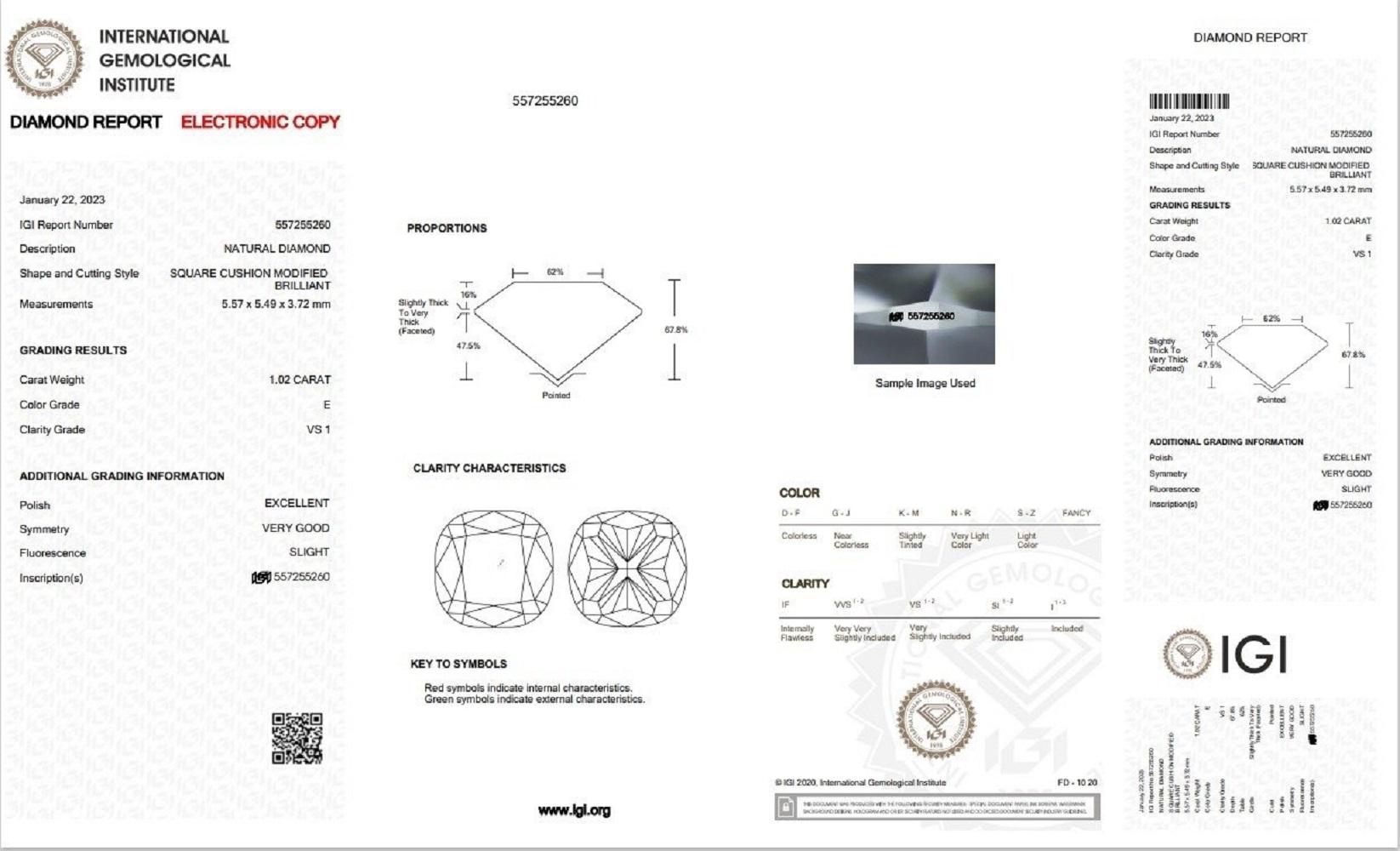 Cushion Cut Dazzling 1Pc Natural Diamond with 1.02 Ct Cushion E VS1 IGI Certificate