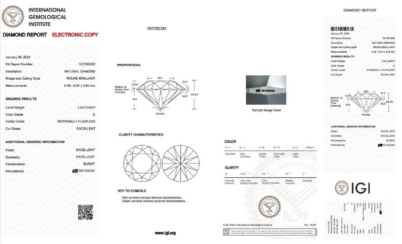 Taille ronde Eblouissant diamant naturel 1pc avec 1,04 ct rond E IF Certificat IGI en vente