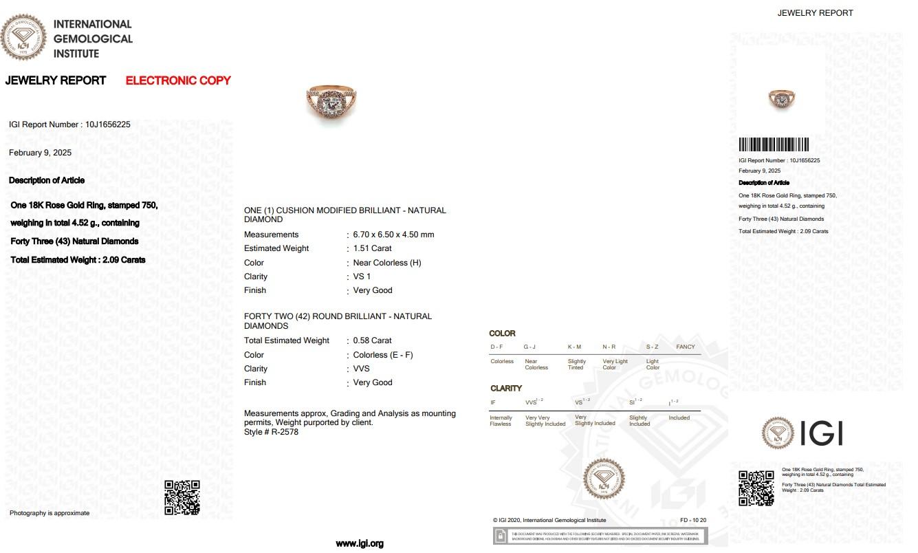 Women's Dazzling 2.09ct Diamonds Halo Ring in 18k Rose Gold - IGI Certified