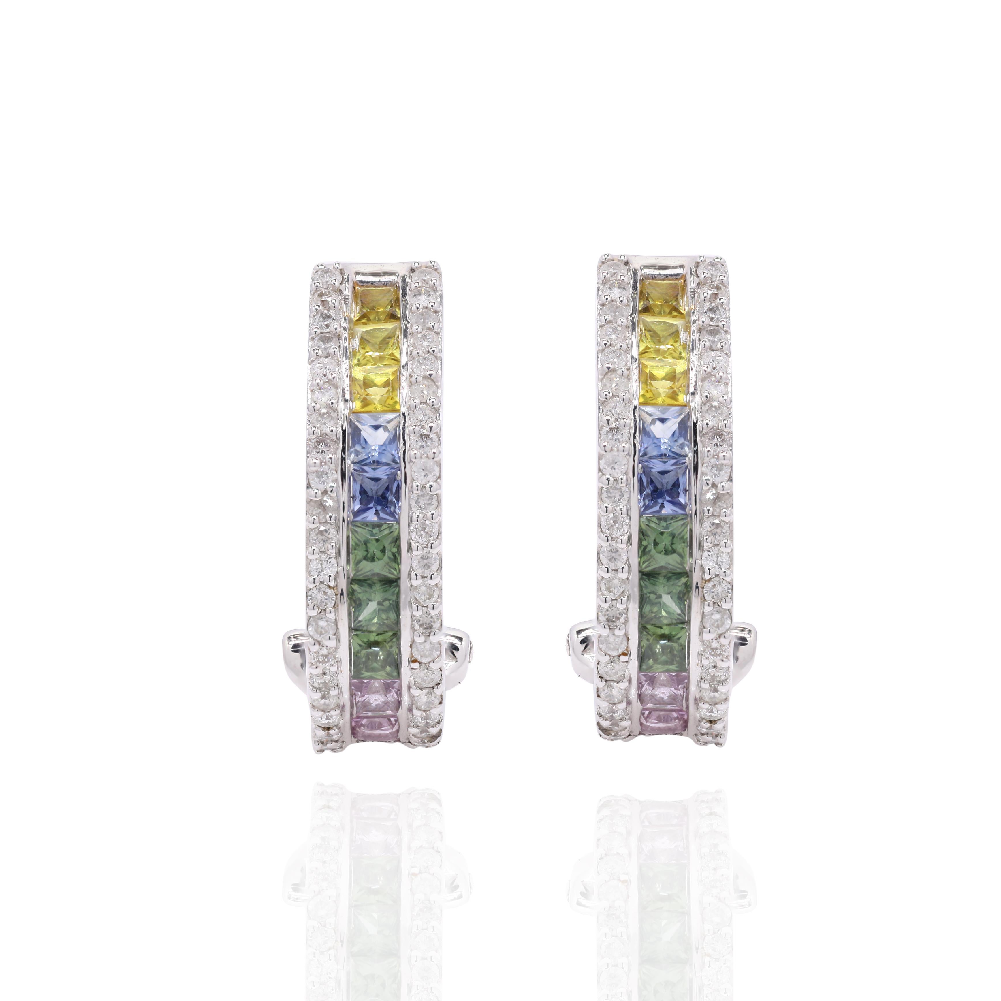 Modern Dazzling Diamond and Multi Colored Sapphire Clip On Earrings in 18K White Gold For Sale