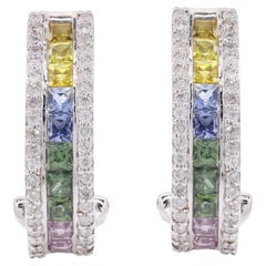 Vintage Dazzling Diamond and Multi Colored Sapphire Clip On Earrings in 18K White Gold