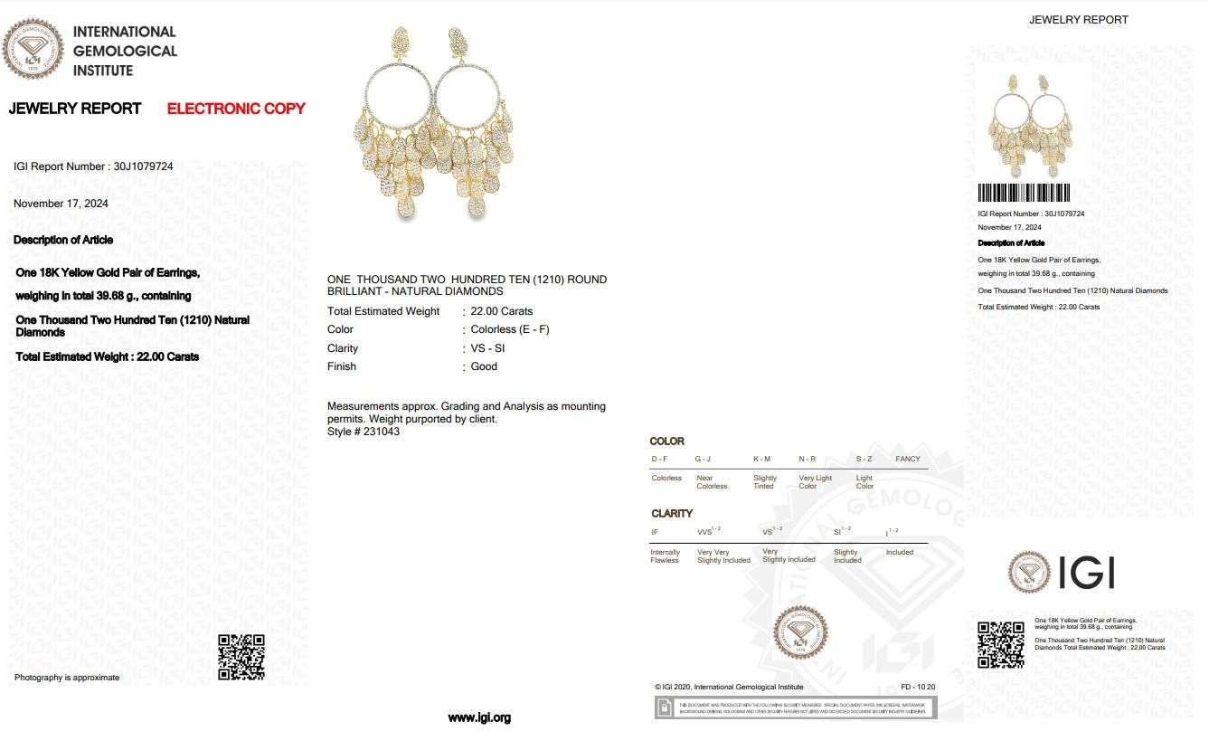 Donna Orecchini a goccia con diamanti da 22,00ct in oro giallo 18k - certificati IGI in vendita