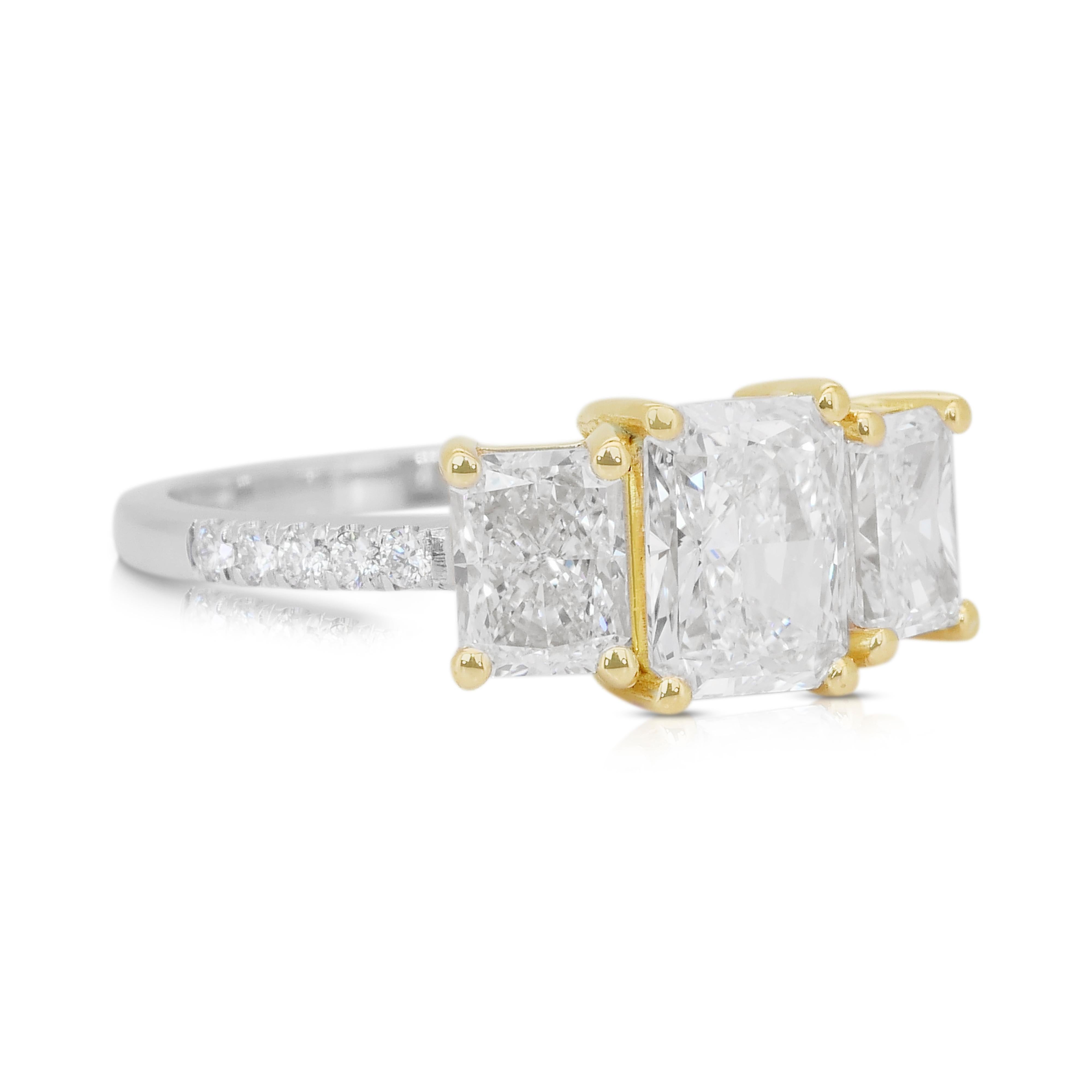 Éblouissante bague 3 pierres en or blanc et jaune 18 carats de 2,24 ct de diamants - Certifiée IGI

Fusion saisissante de design et de brillance, cette bague en or blanc et jaune 18 carats présente un trio captivant de diamants rectangulaires