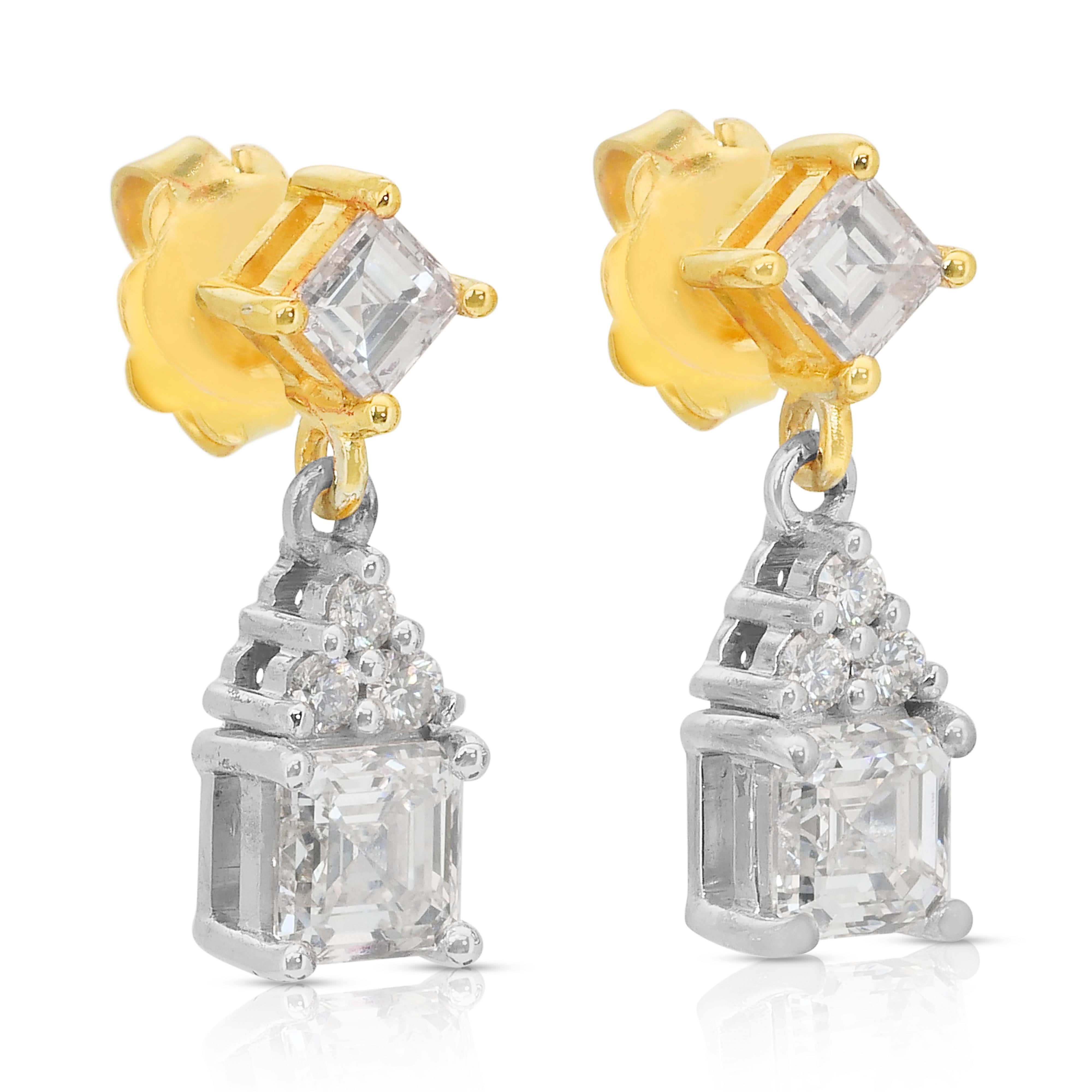 Square Cut Dazzling 2.32ct Diamonds Drop Earrings in 18k White & Yellow Gold -IGI Certified For Sale