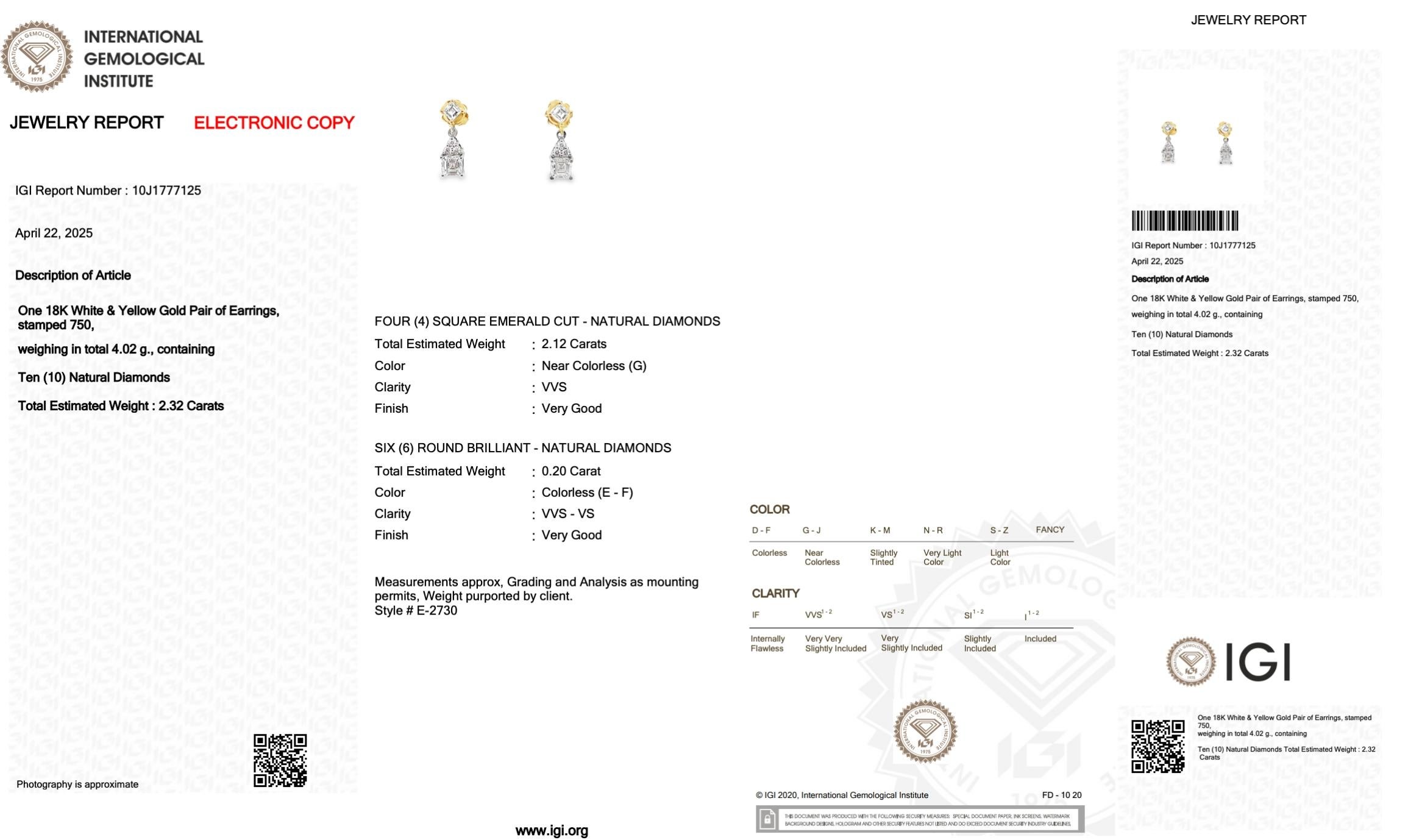 Women's Dazzling 2.32ct Diamonds Drop Earrings in 18k White & Yellow Gold -IGI Certified For Sale