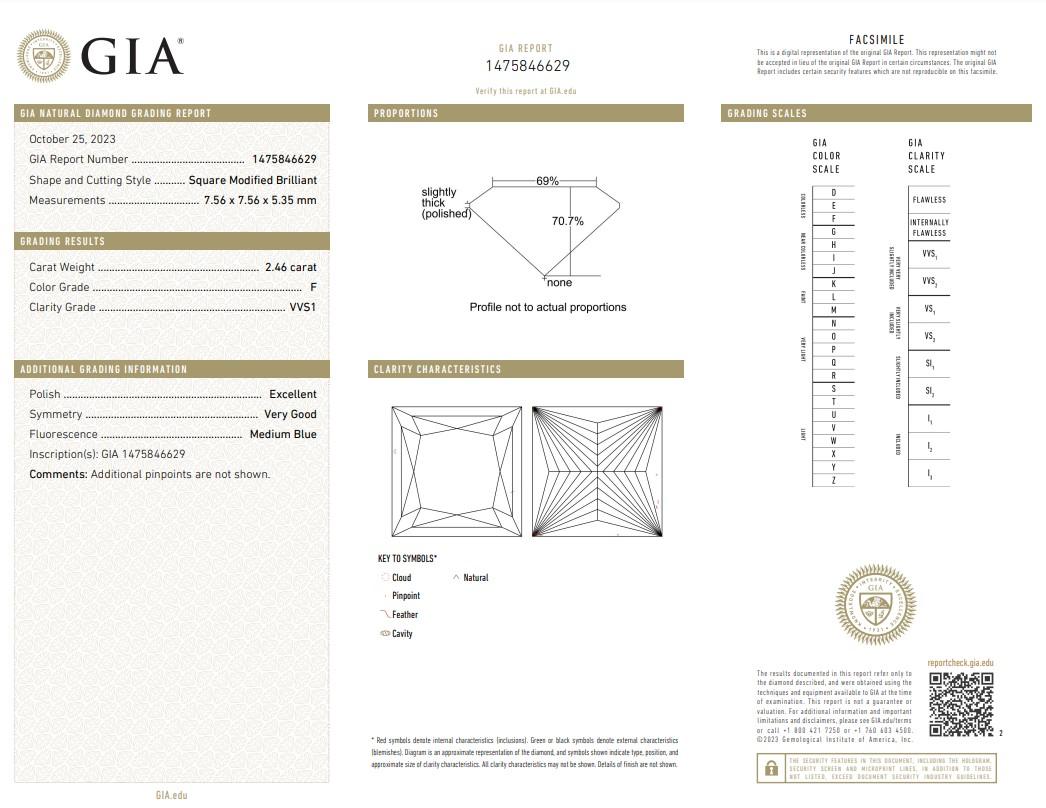Abbagliante diamante quadrato taglio ideale da 2,46 carati - certificato GIA

Scopri la bellezza ineguagliabile di questo diamante quadrato da 2,46 carati, testimonianza di pura eleganza e precisione. Accompagnato da una certificazione GIA,