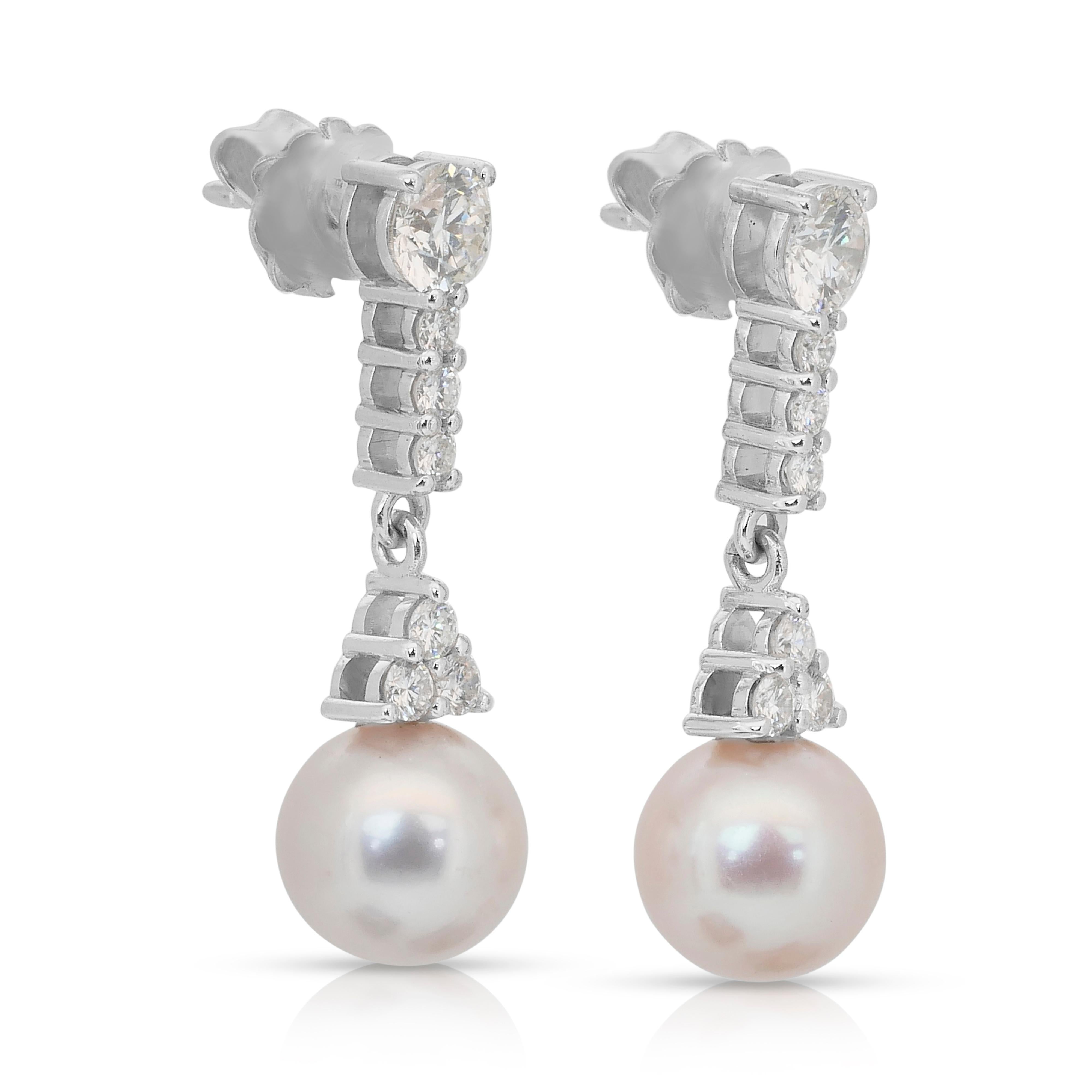 Round Cut Dazzling 24.87ct Fresh Water Cultured Pearls and Diamonds Drop Earrings For Sale
