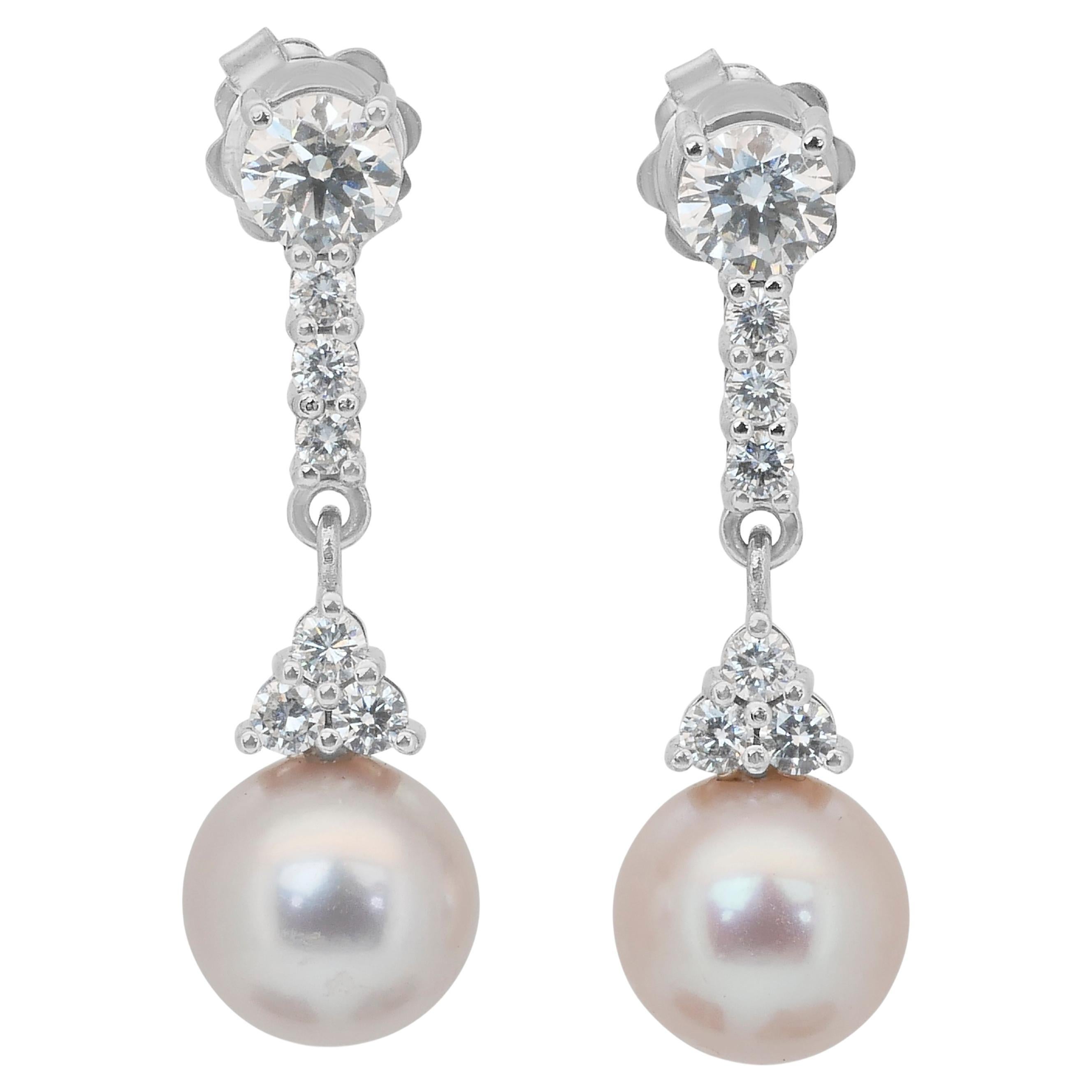 Dazzling 24.87ct Fresh Water Cultured Pearls and Diamonds Drop Earrings For Sale