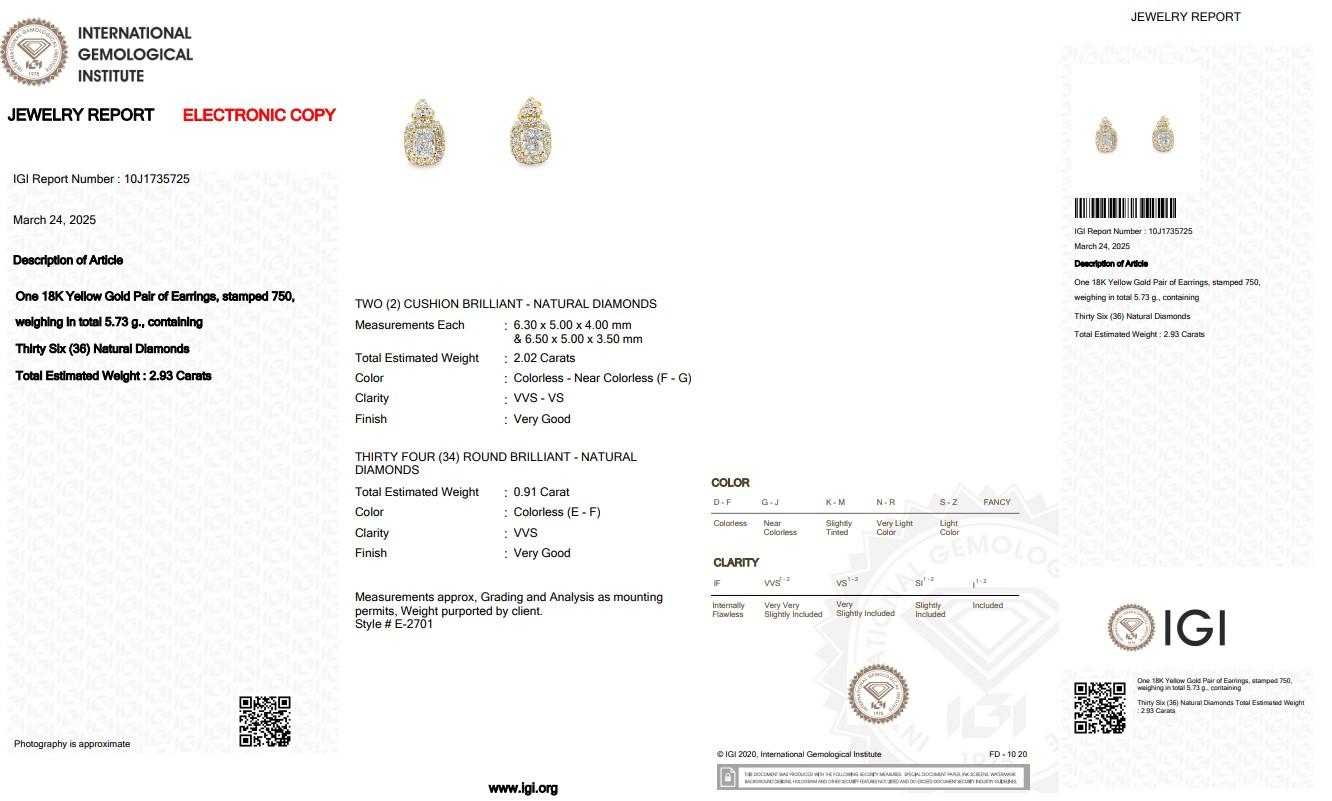 Donna Orecchini con 2,93 carati di diamanti in oro giallo 18 carati - certificati IGI in vendita