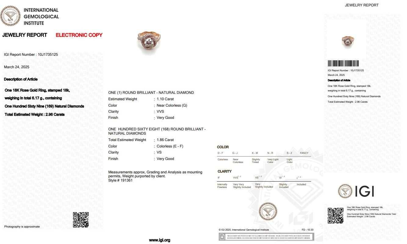 Abbagliante anello a grappolo con 2,96 carati di diamanti in oro rosa 18 carati - certificato IGI in vendita 1