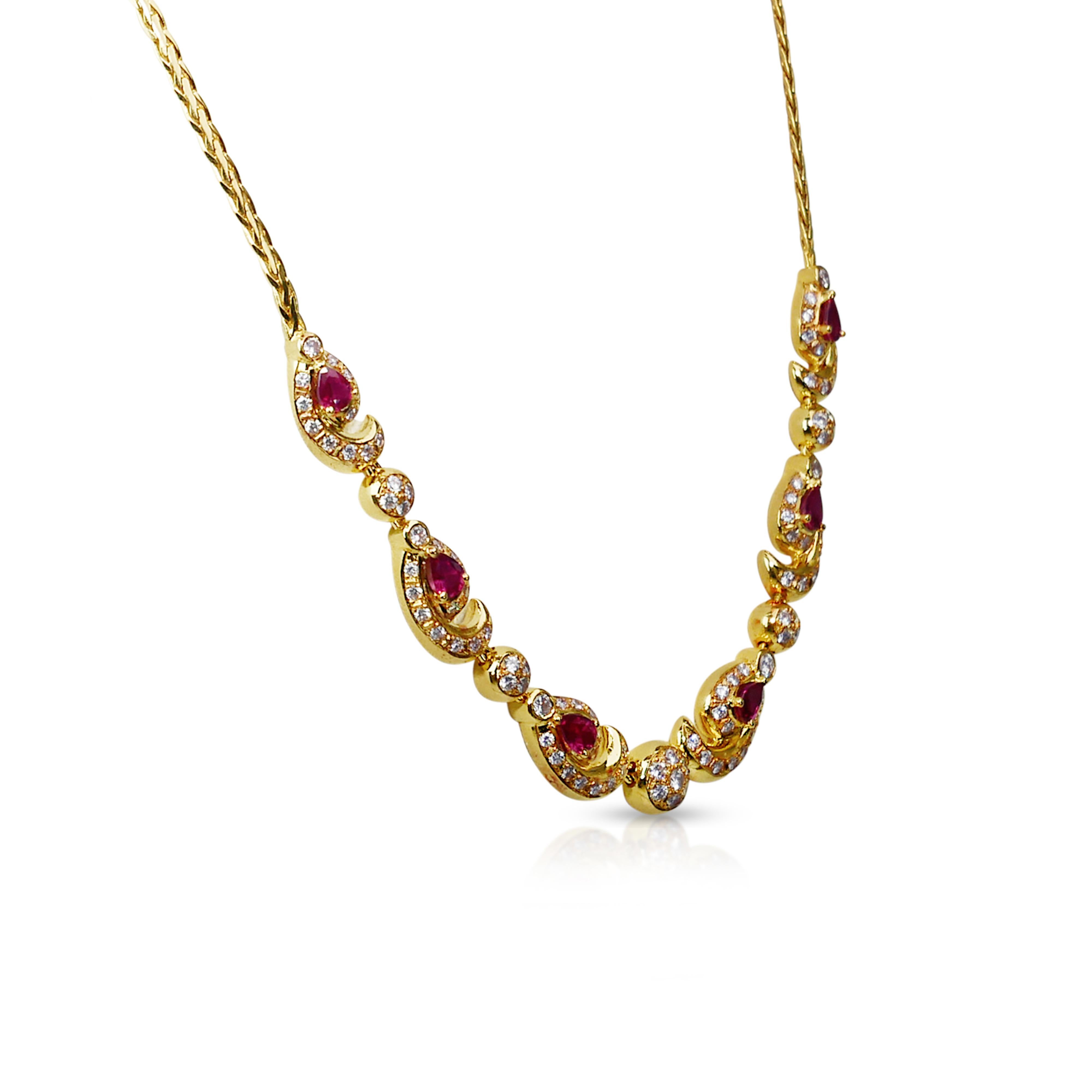 Pear Cut Dazzling 3.22ct Rubies and Diamonds Necklace in 18k Yellow Gold - IGI Certified